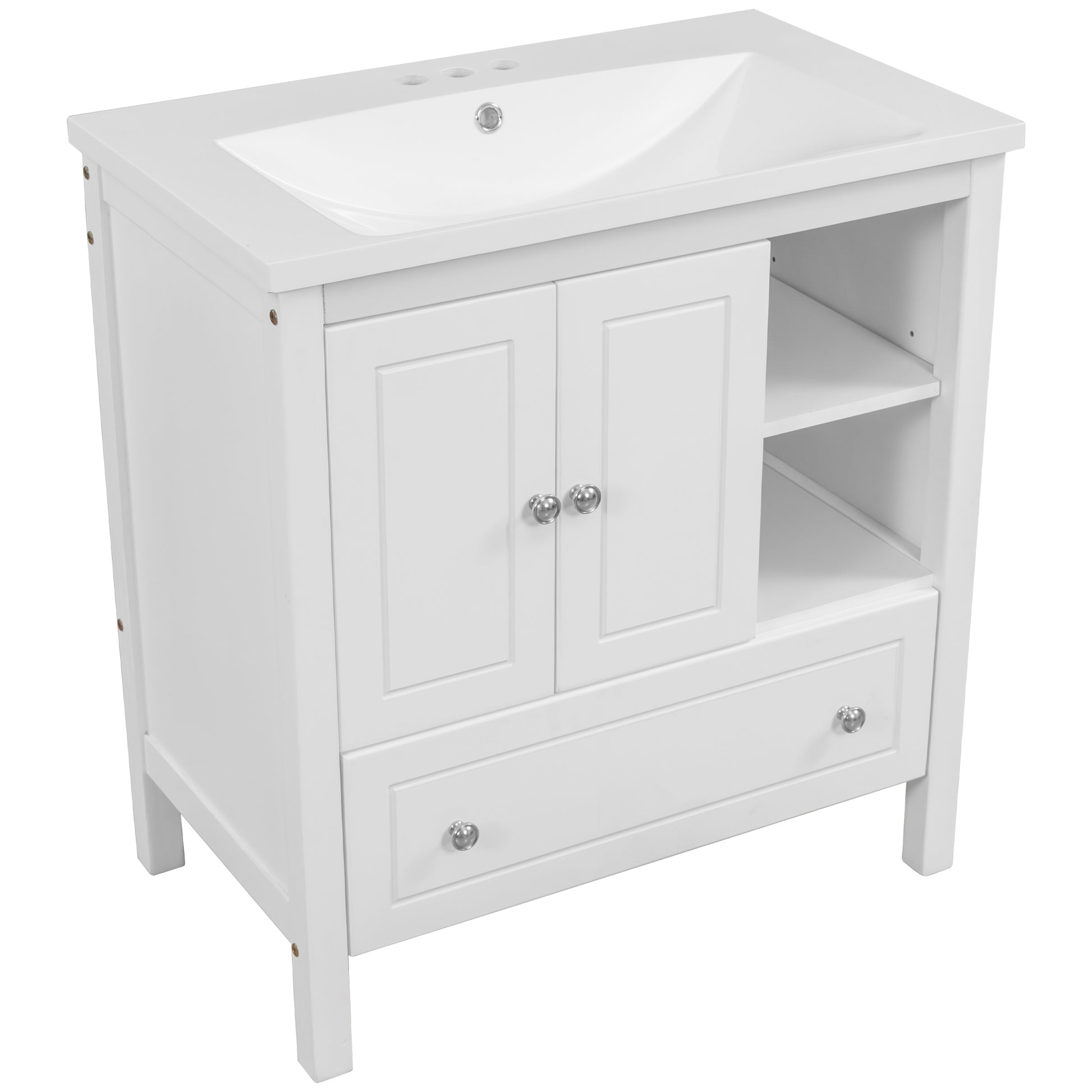 Video 30" Bathroom Vanity With Sink, Bathroom Storage Cabinet With Doors And Drawers, Solid Wood Frame, Ceramic Sink, White Old Sku:Jl000002Aak White Solid Wood