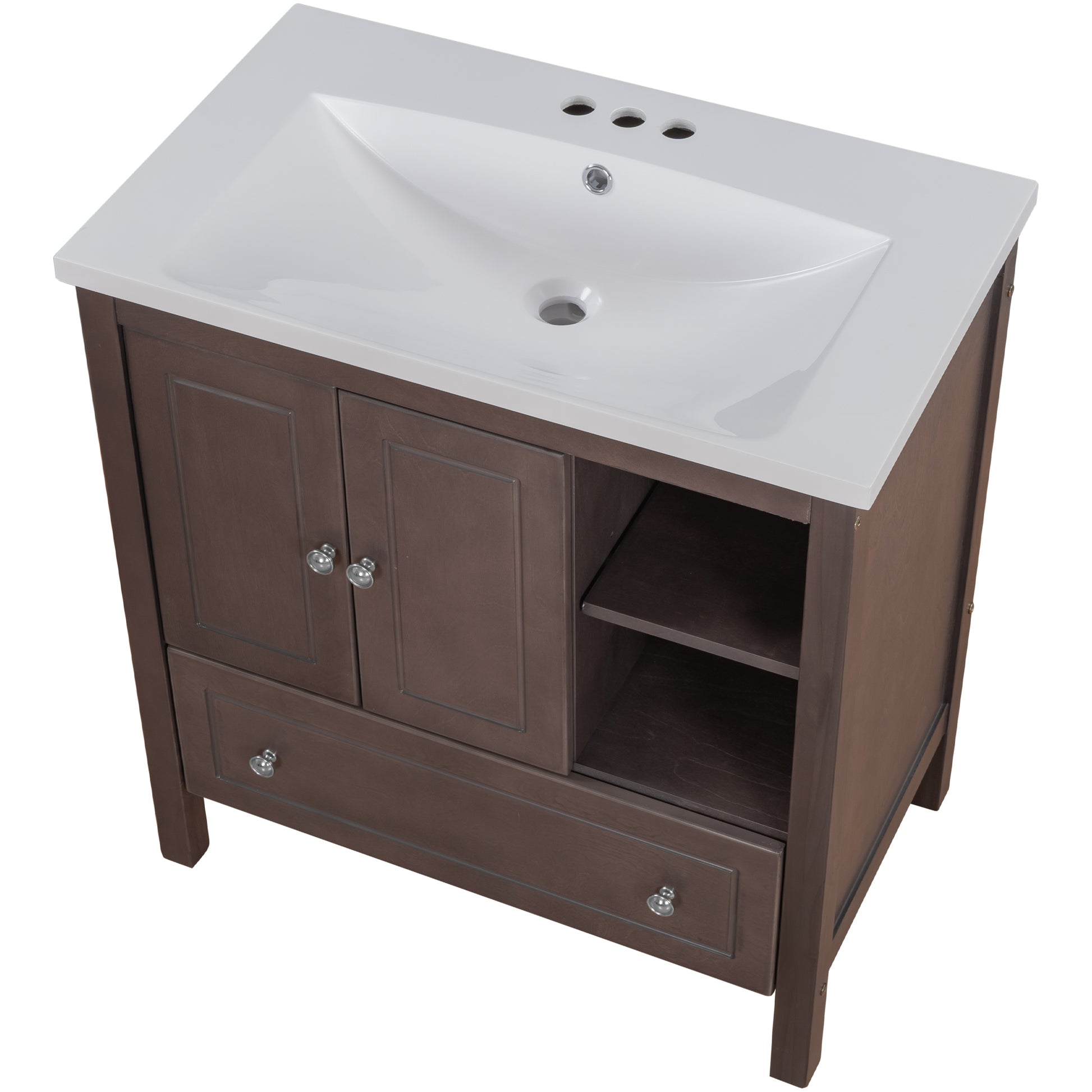 Video 30" Bathroom Vanity With Sink, Bathroom Storage Cabinet With Doors And Drawers, Solid Wood Frame, Ceramic Sink, Brown Old Sku: Jl000002Aad Brown Solid Wood