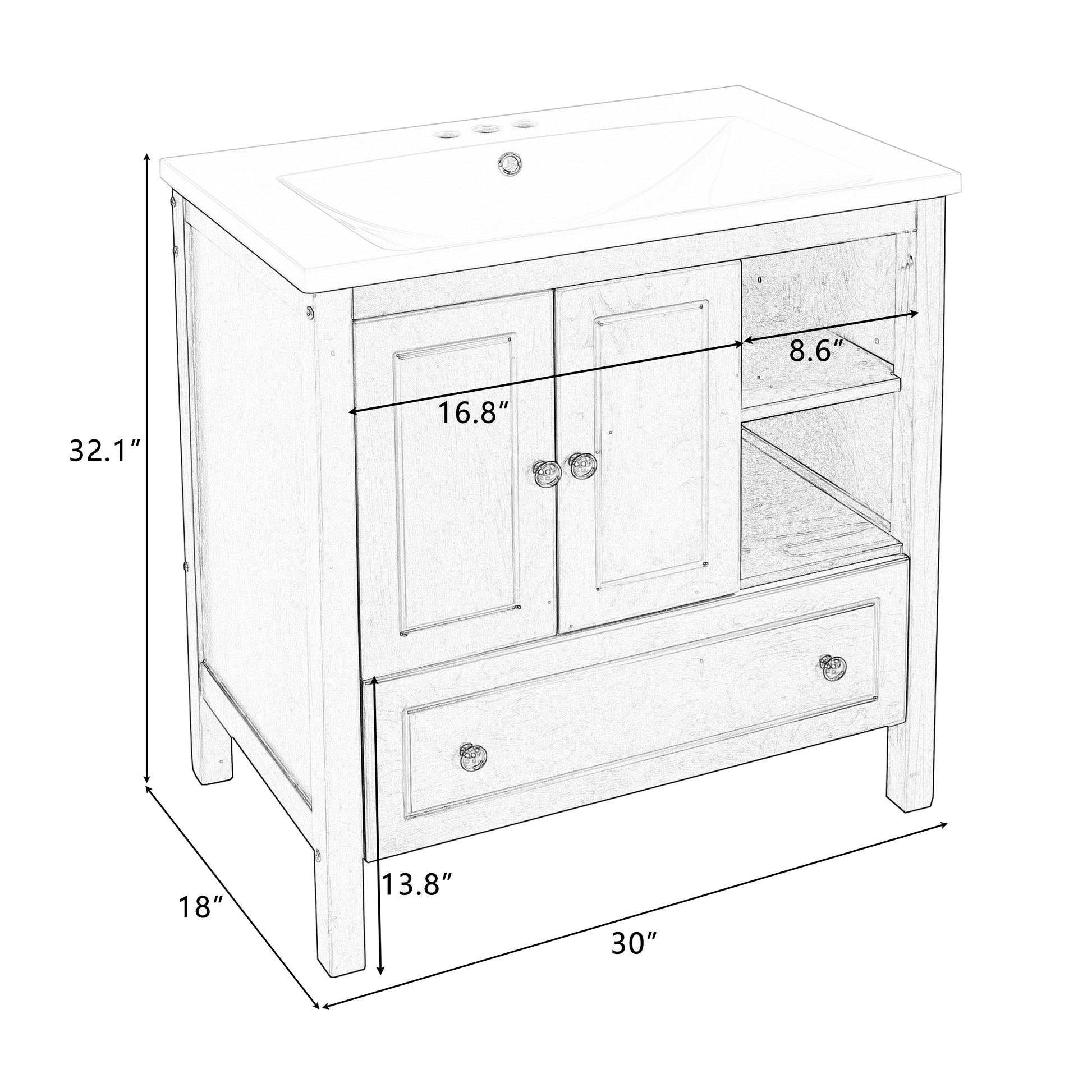 Video 30" Bathroom Vanity With Sink, Bathroom Storage Cabinet With Doors And Drawers, Solid Wood Frame, Ceramic Sink, Brown Old Sku: Jl000002Aad Brown Solid Wood