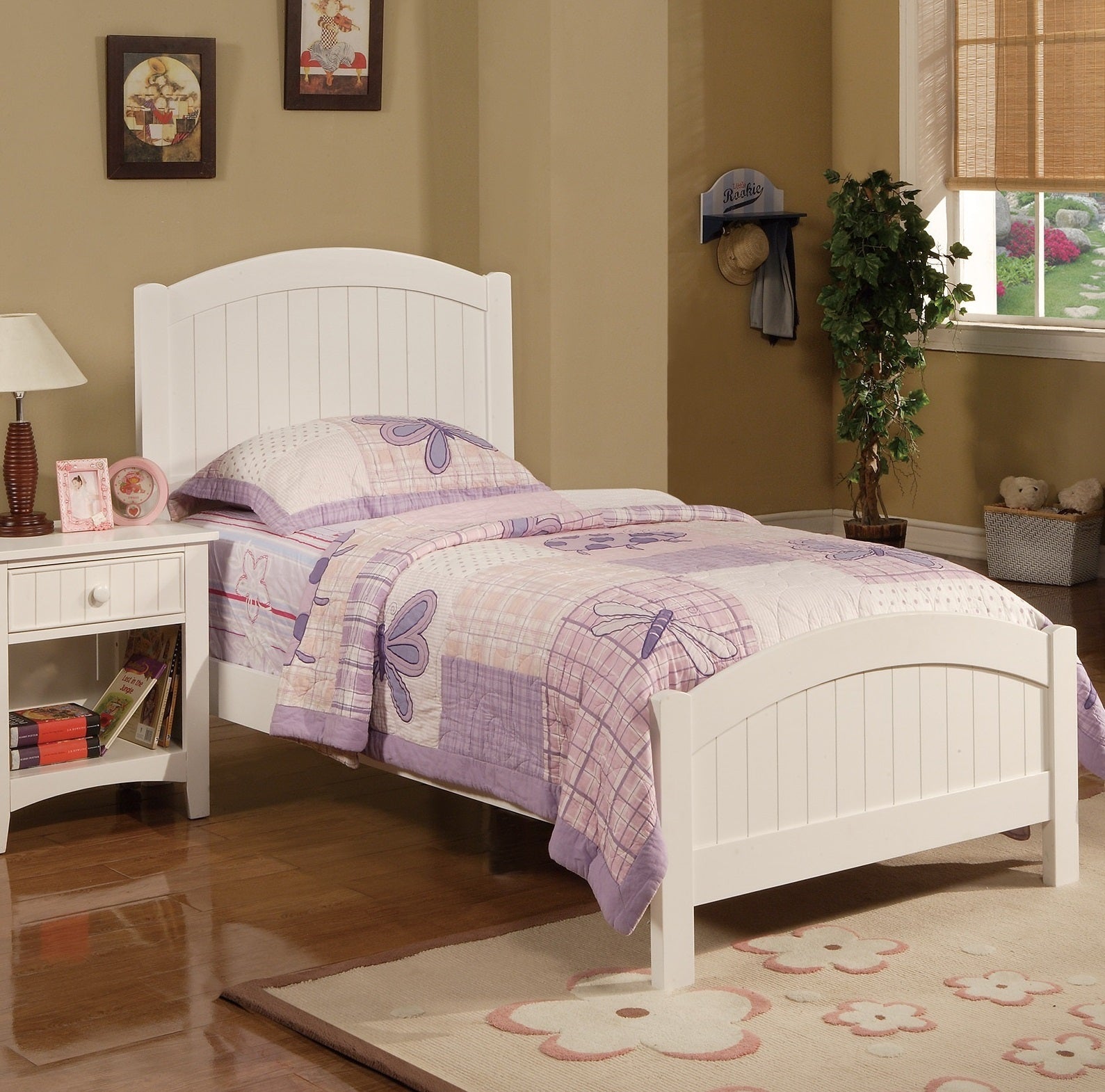 White Color Twin Size Bed Youth Bedroom Furniture Vertical Lines Carved Headboard Plywood Box Spring Required Twin White White Bedroom Modern,Transitional Rubberwood Kids Plywood