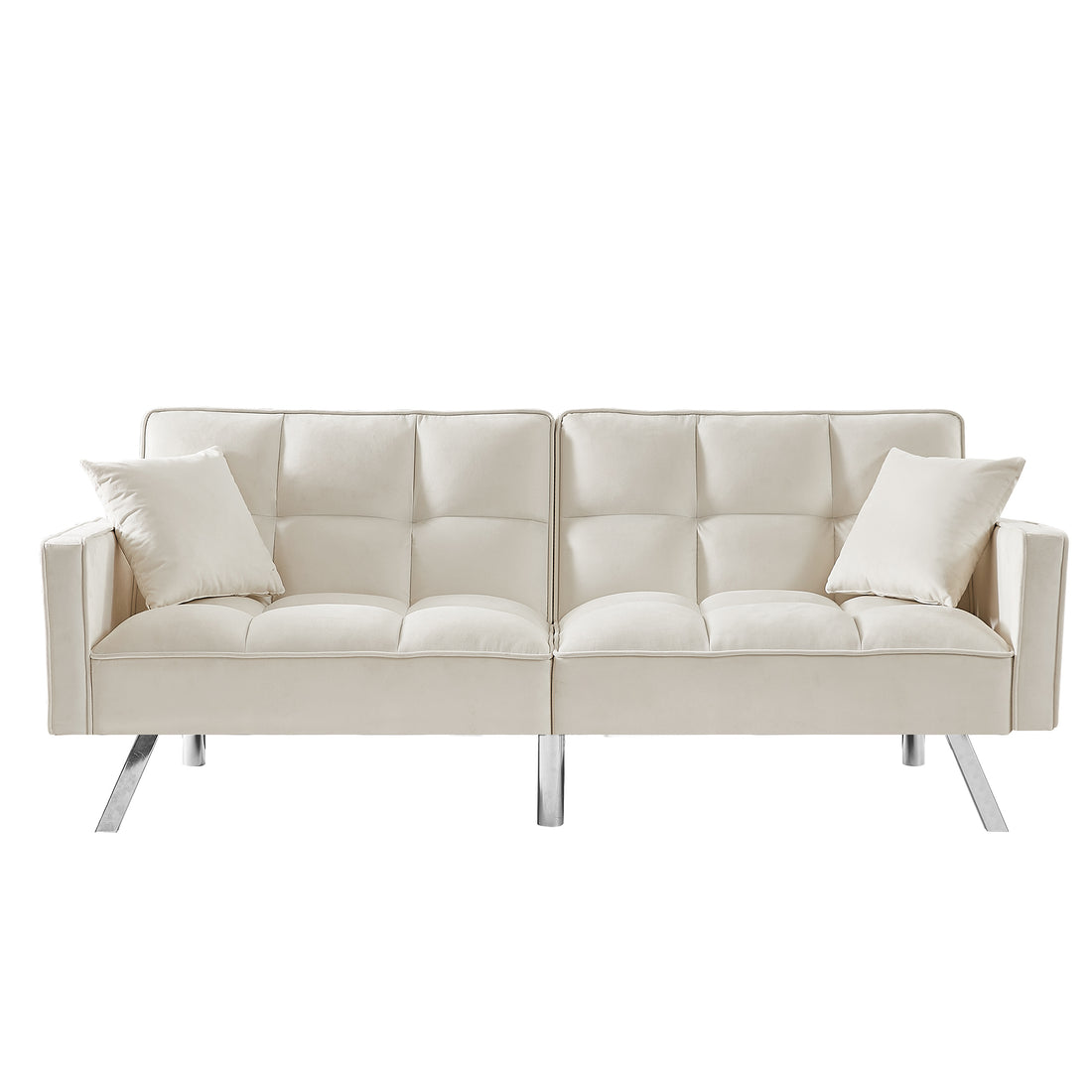 Cream White Velvet Sofa Couch Bed With Armrests And 2 Pillows For Living Room And Bedroom . White Cream White Tufted Back Square Arms Foam Velvet 2 Seat