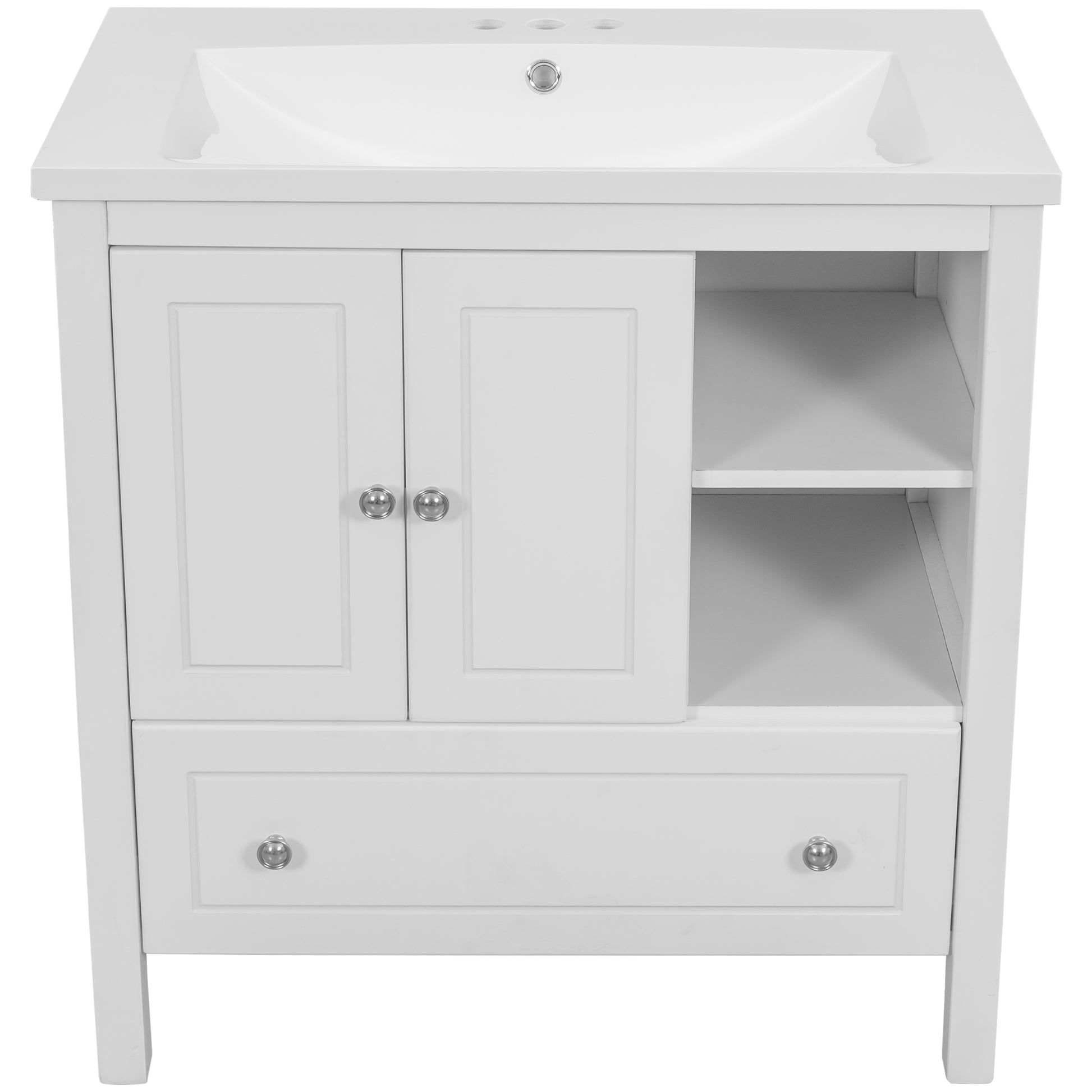 Video 30" Bathroom Vanity With Sink, Bathroom Storage Cabinet With Doors And Drawers, Solid Wood Frame, Ceramic Sink, White Old Sku:Jl000002Aak White Solid Wood