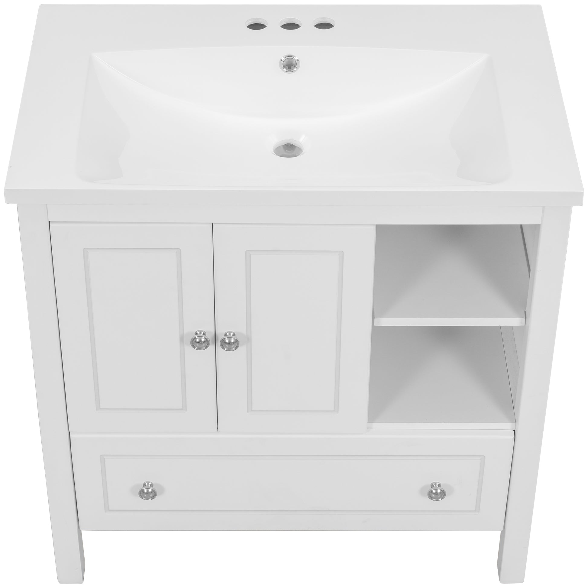 Video 30" Bathroom Vanity With Sink, Bathroom Storage Cabinet With Doors And Drawers, Solid Wood Frame, Ceramic Sink, White Old Sku:Jl000002Aak White Solid Wood