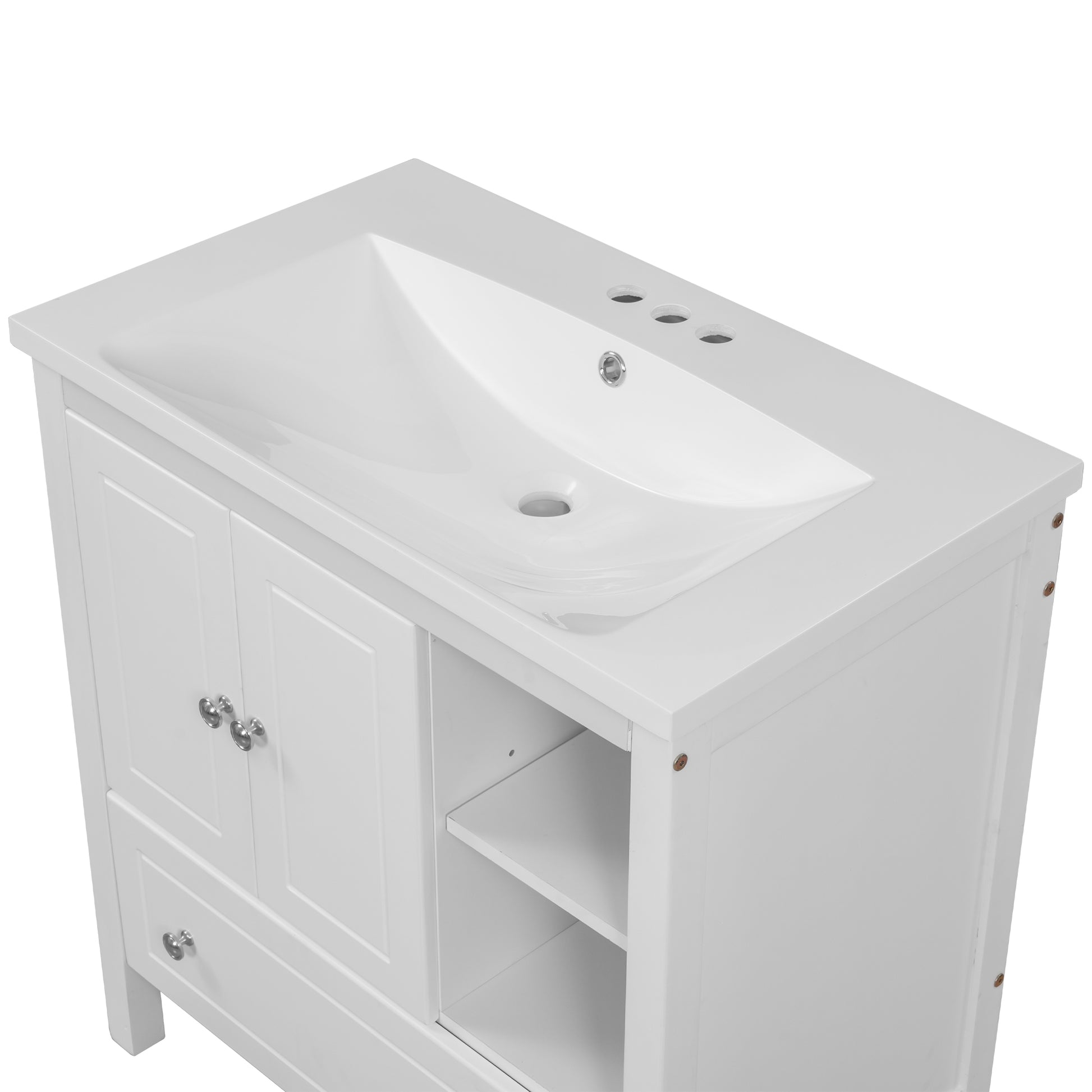 Video 30" Bathroom Vanity With Sink, Bathroom Storage Cabinet With Doors And Drawers, Solid Wood Frame, Ceramic Sink, White Old Sku:Jl000002Aak White Solid Wood