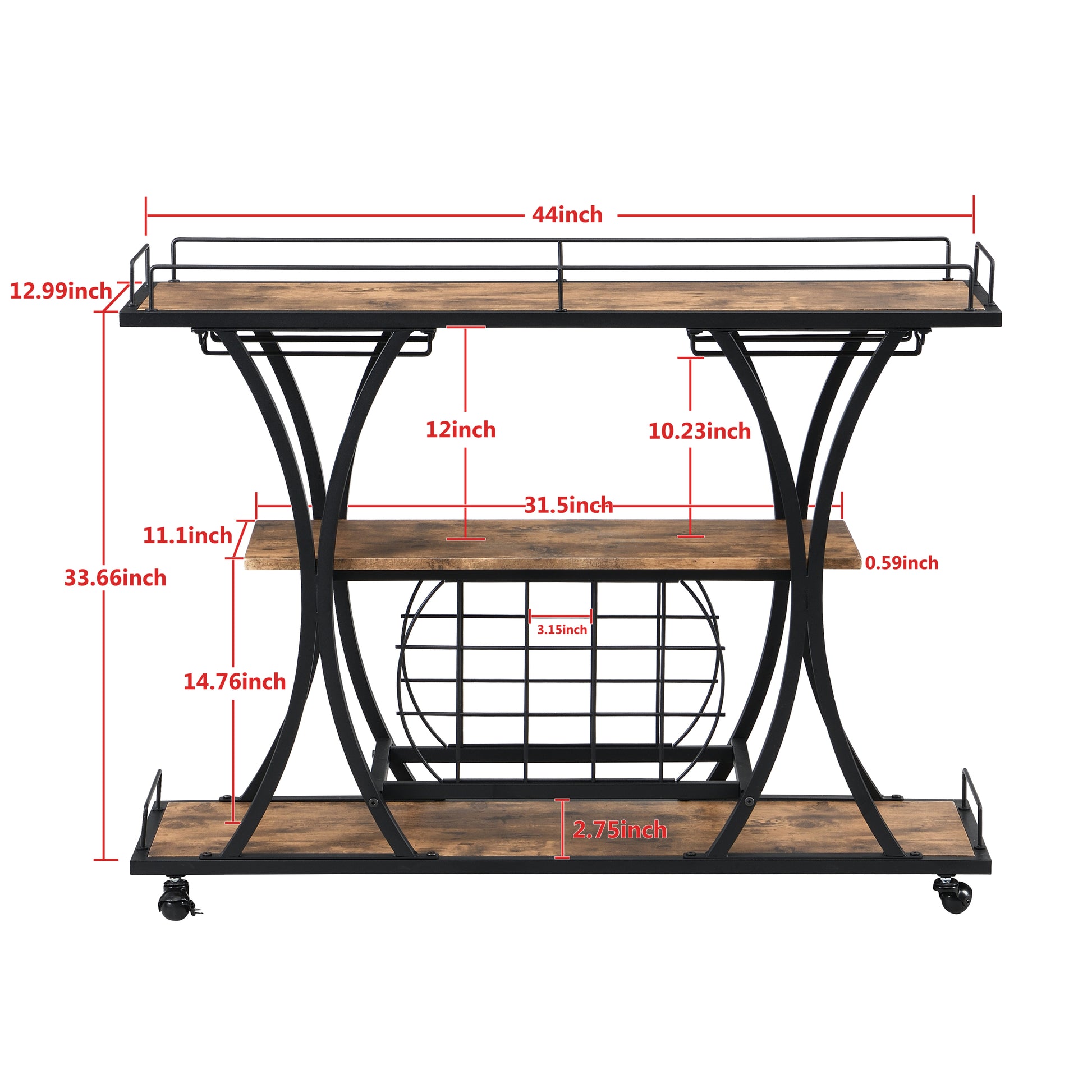 Industrial Bar Cart Kitchen Bar&Serving Cart For Home With Wheels 3 Tier Storage Shelves Black Mdf Metal