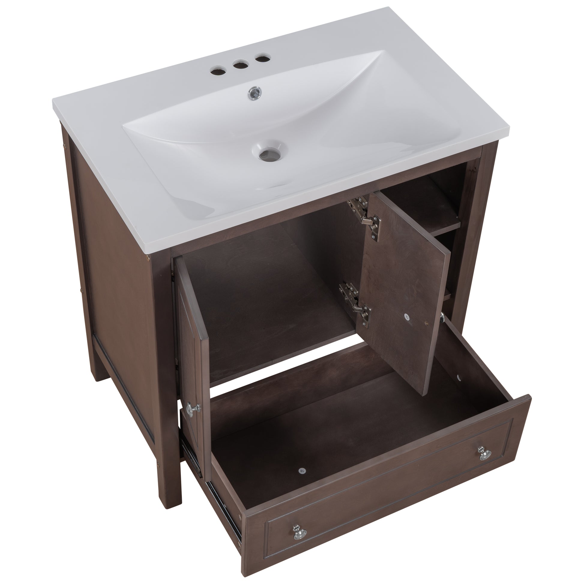 Video 30" Bathroom Vanity With Sink, Bathroom Storage Cabinet With Doors And Drawers, Solid Wood Frame, Ceramic Sink, Brown Old Sku: Jl000002Aad Brown Solid Wood