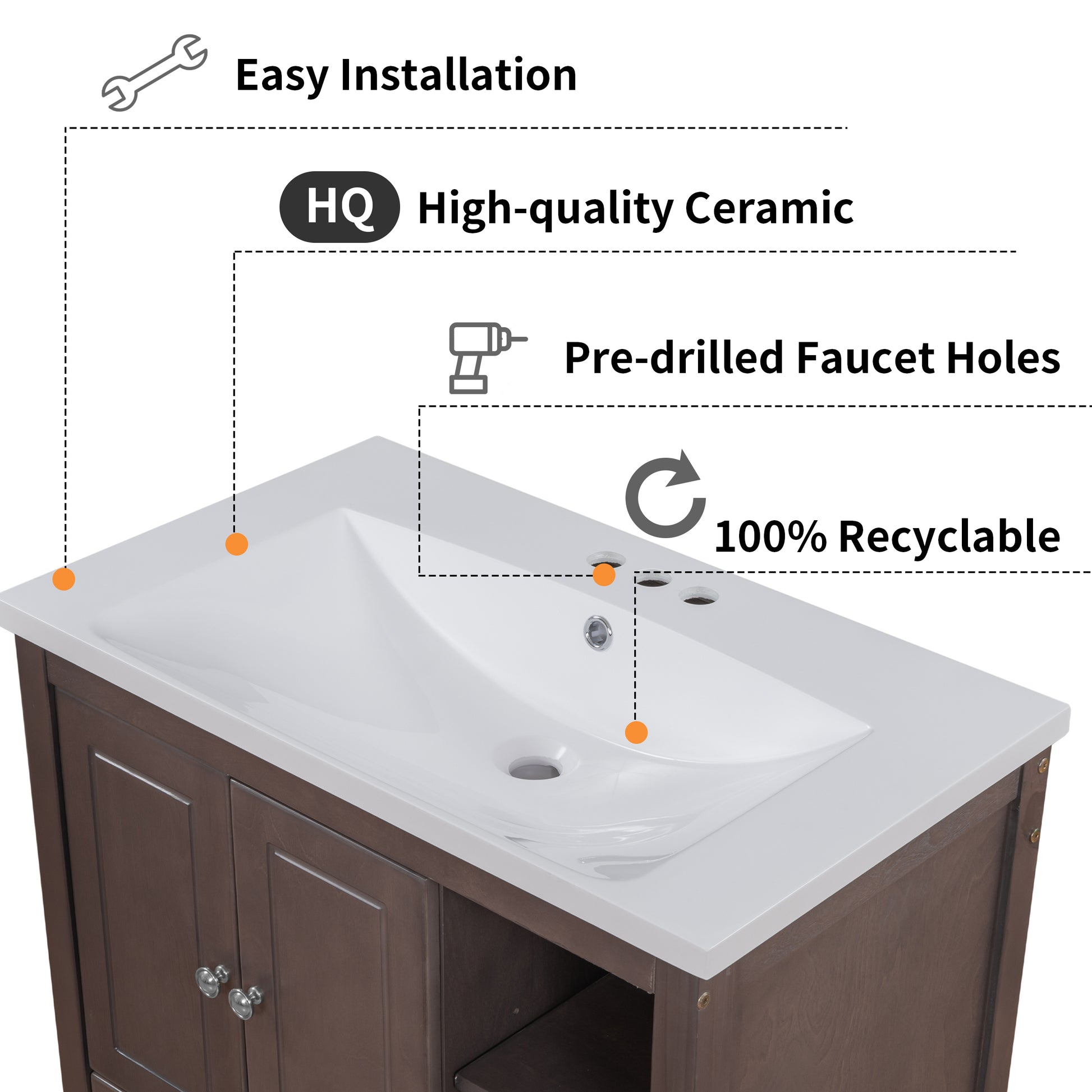 Video 30" Bathroom Vanity With Sink, Bathroom Storage Cabinet With Doors And Drawers, Solid Wood Frame, Ceramic Sink, Brown Old Sku: Jl000002Aad Brown Solid Wood