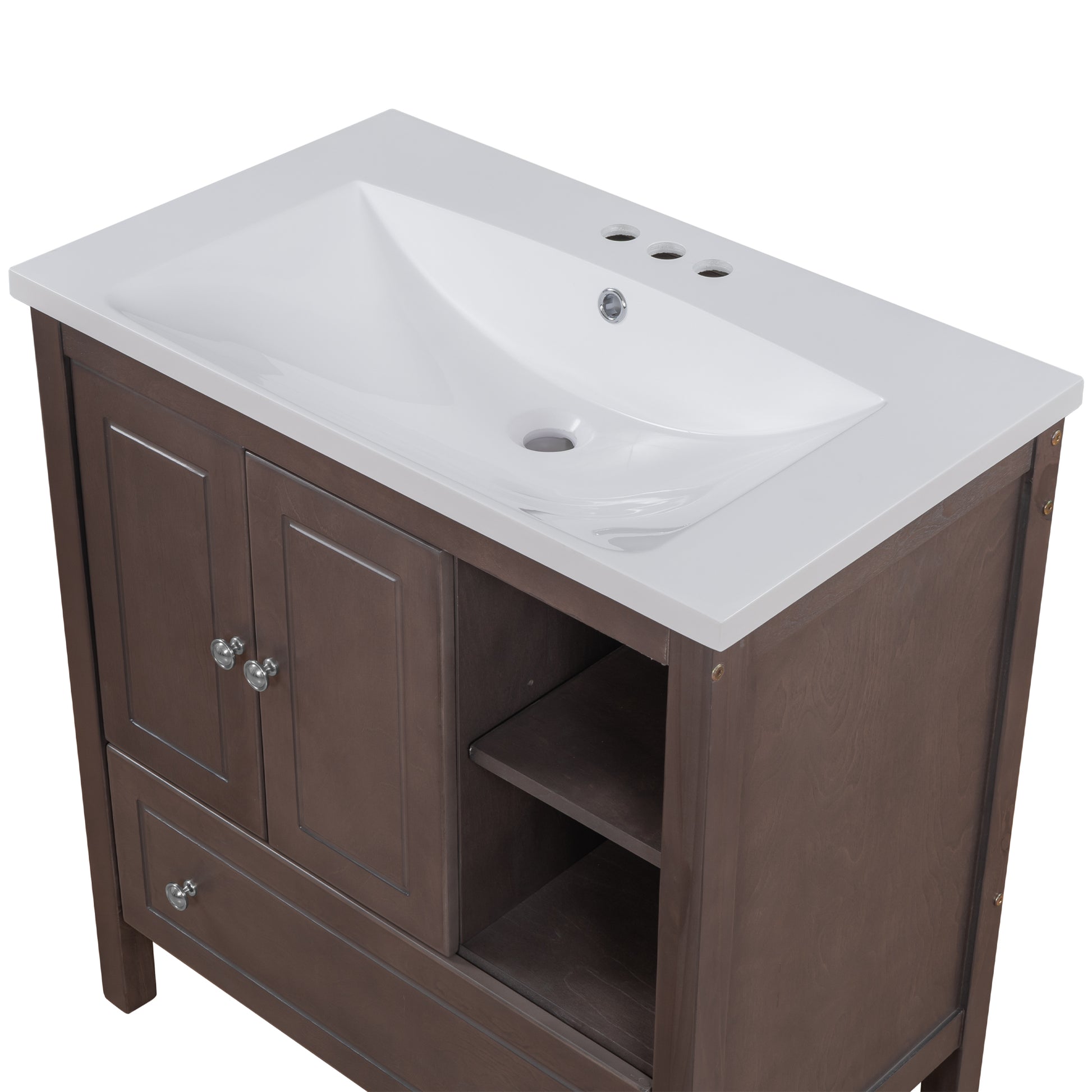 Video 30" Bathroom Vanity With Sink, Bathroom Storage Cabinet With Doors And Drawers, Solid Wood Frame, Ceramic Sink, Brown Old Sku: Jl000002Aad Brown Solid Wood