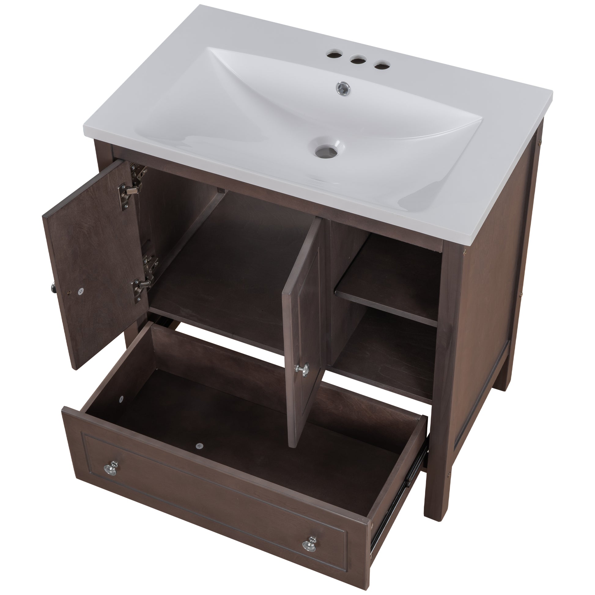 Video 30" Bathroom Vanity With Sink, Bathroom Storage Cabinet With Doors And Drawers, Solid Wood Frame, Ceramic Sink, Brown Old Sku: Jl000002Aad Brown Solid Wood