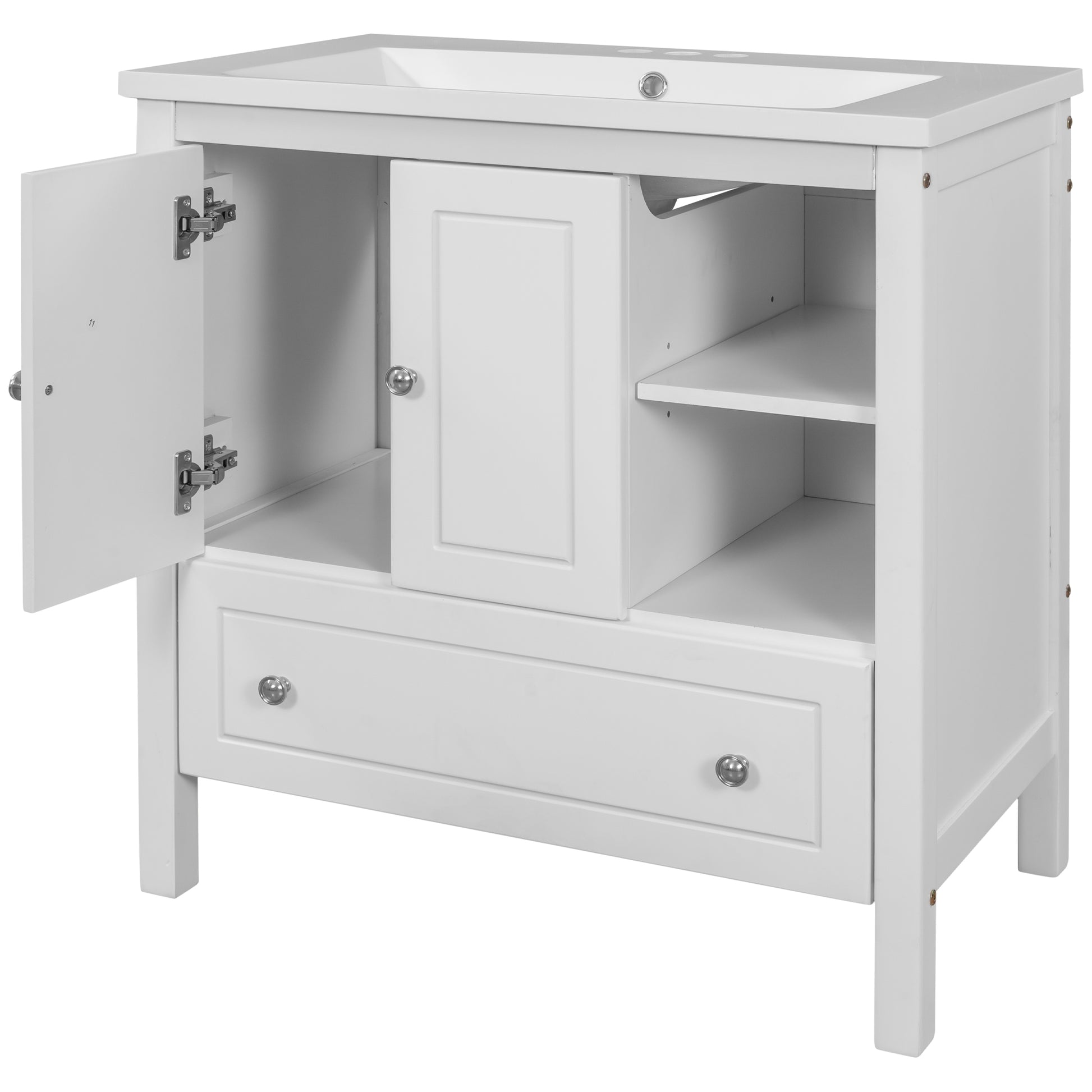 Video 30" Bathroom Vanity With Sink, Bathroom Storage Cabinet With Doors And Drawers, Solid Wood Frame, Ceramic Sink, White Old Sku:Jl000002Aak White Solid Wood