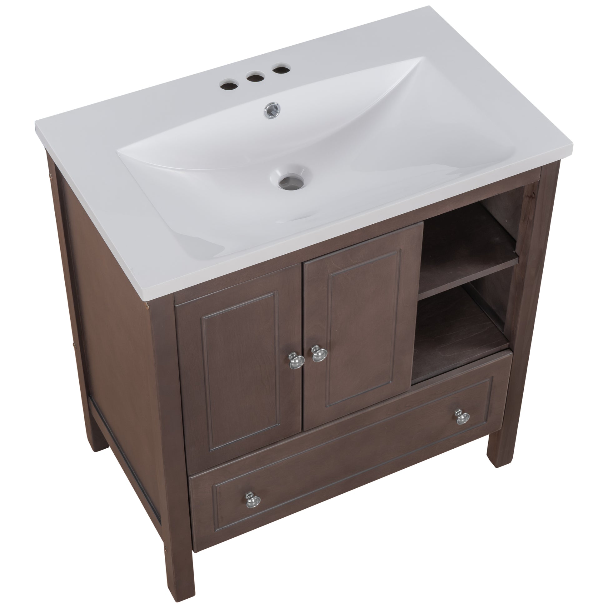 Video 30" Bathroom Vanity With Sink, Bathroom Storage Cabinet With Doors And Drawers, Solid Wood Frame, Ceramic Sink, Brown Old Sku: Jl000002Aad Brown Solid Wood