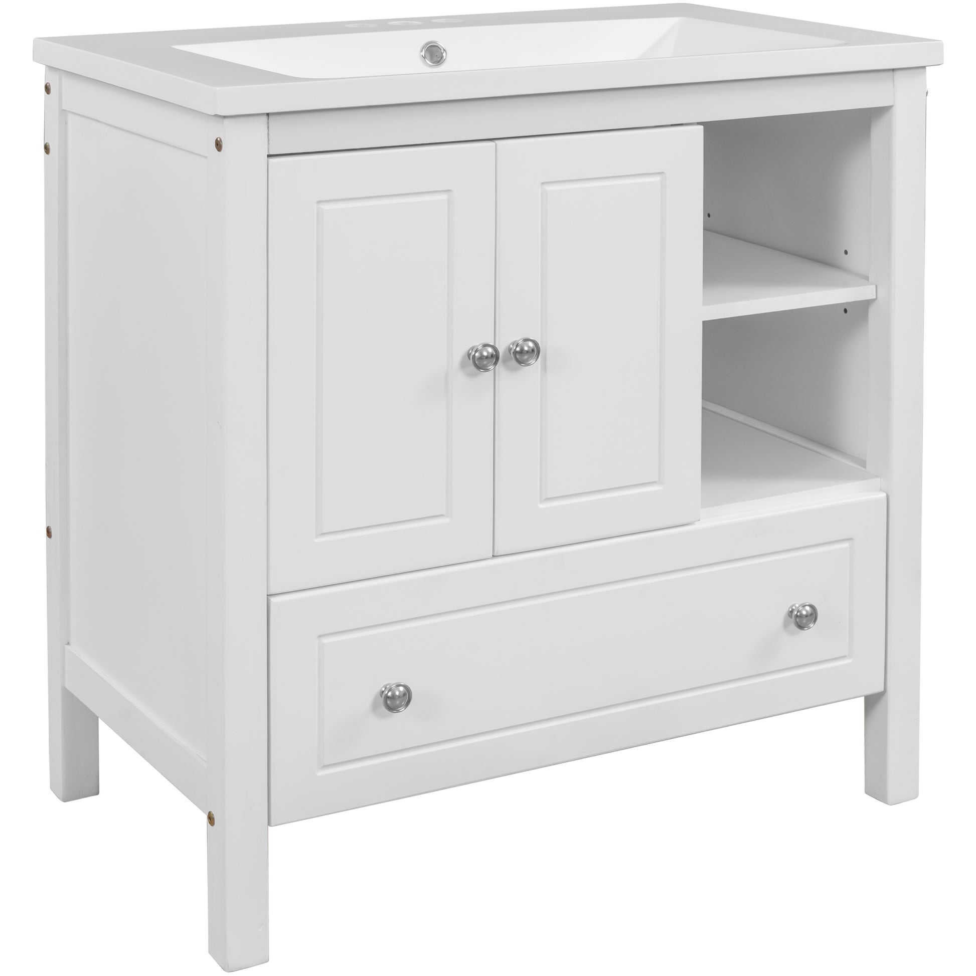 Video 30" Bathroom Vanity With Sink, Bathroom Storage Cabinet With Doors And Drawers, Solid Wood Frame, Ceramic Sink, White Old Sku:Jl000002Aak White Solid Wood