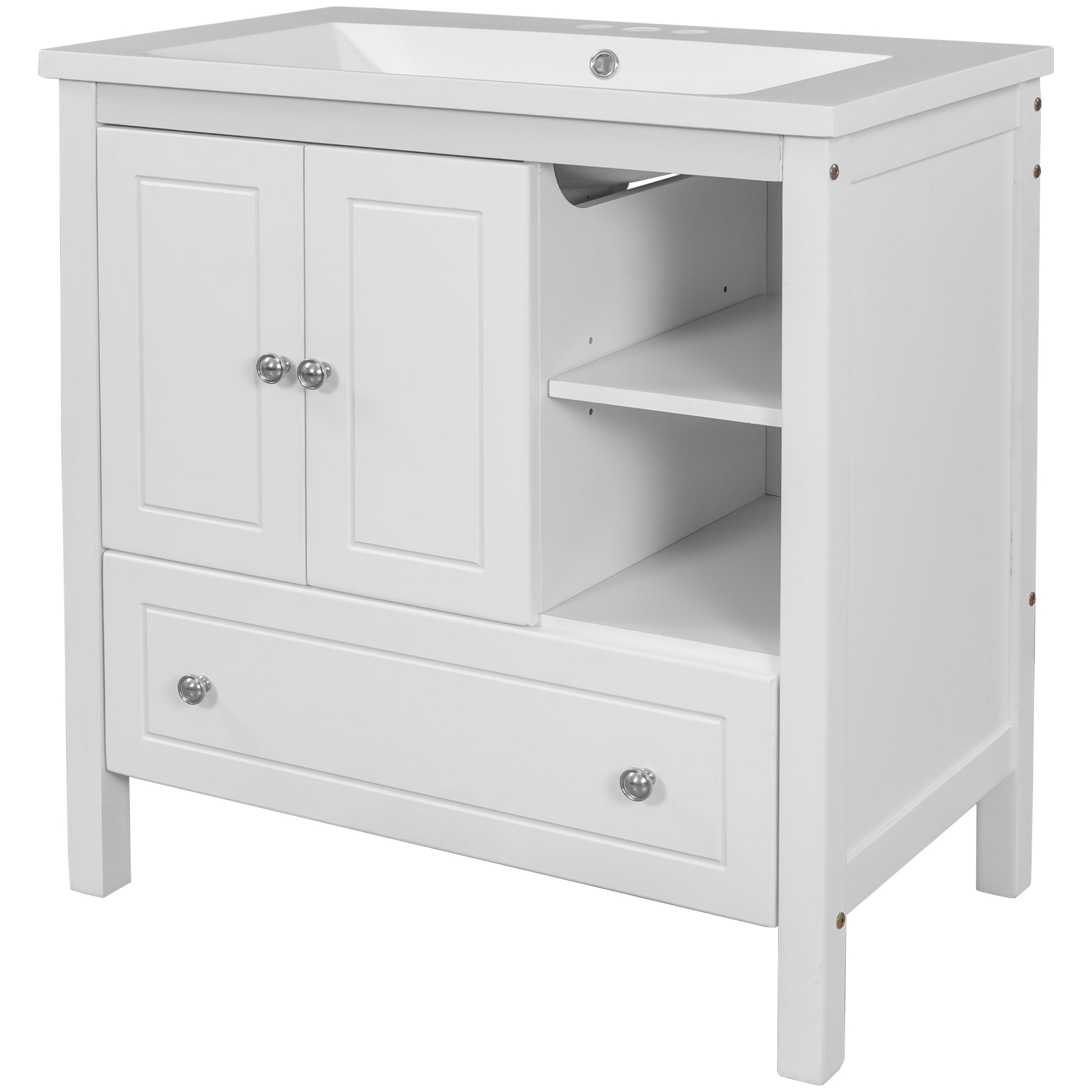 Video 30" Bathroom Vanity With Sink, Bathroom Storage Cabinet With Doors And Drawers, Solid Wood Frame, Ceramic Sink, White Old Sku:Jl000002Aak White Solid Wood