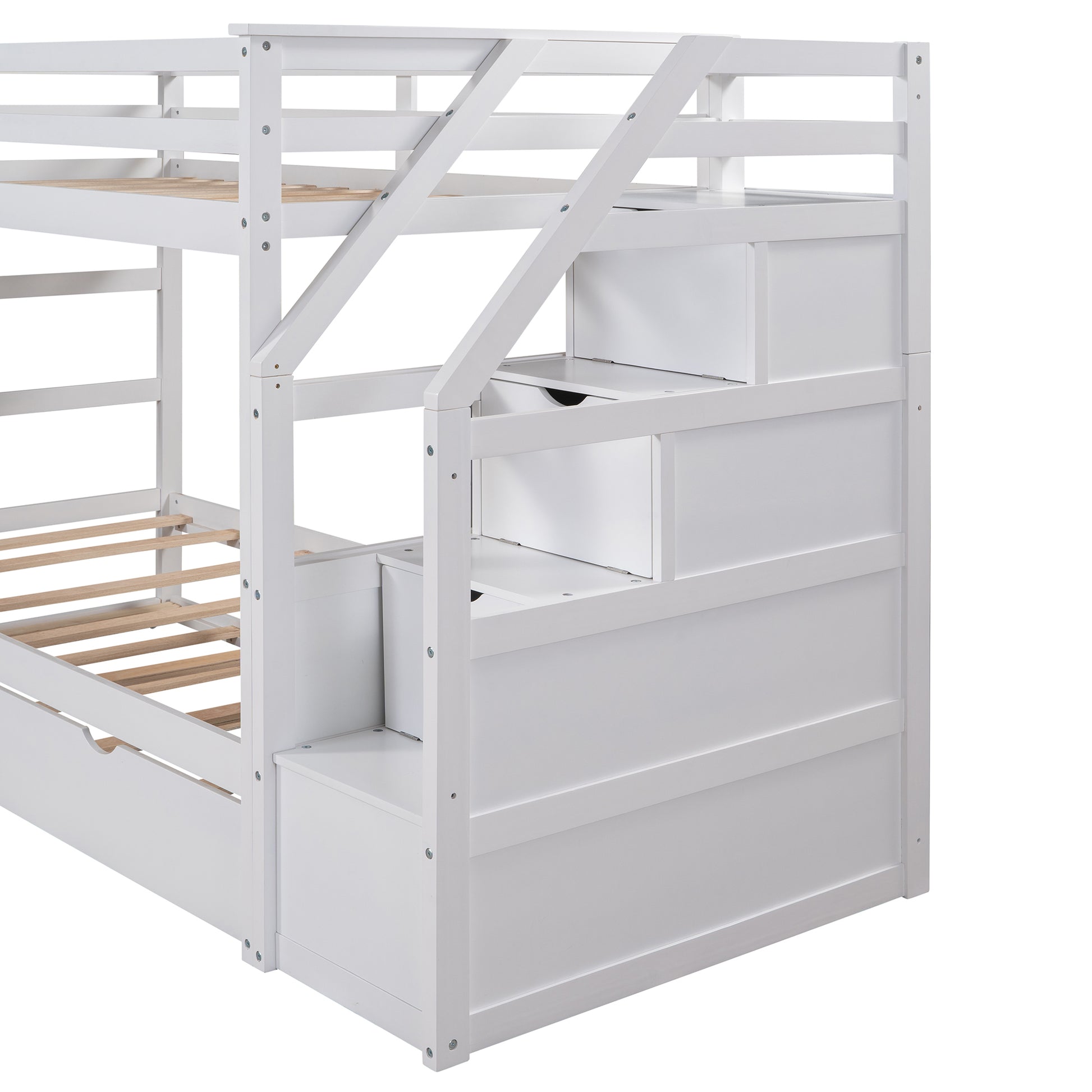 Twin Over Twin Bunk Bed With Twin Size Trundle And 3 Storage Stairs,White Old Sku :Lp000064Aak White Solid Wood