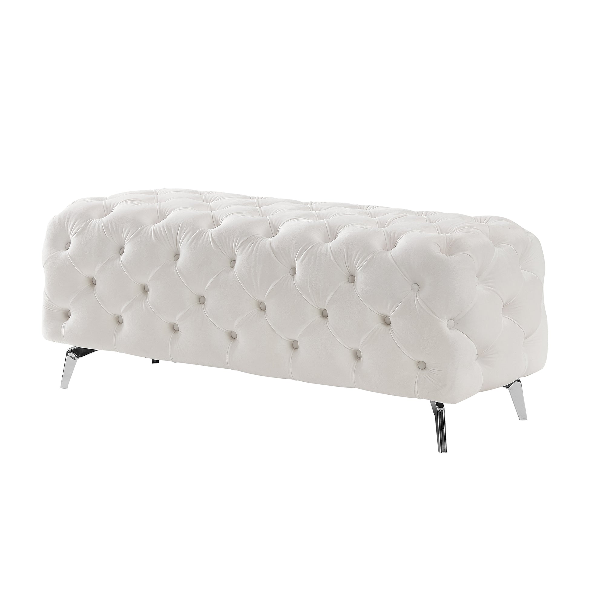 Button Tufted Ottoman Bench, Upholstered Velvet Footrest Stool Accent Bench For Entryway Living Room Bedroom. White Wood Foam Velvet