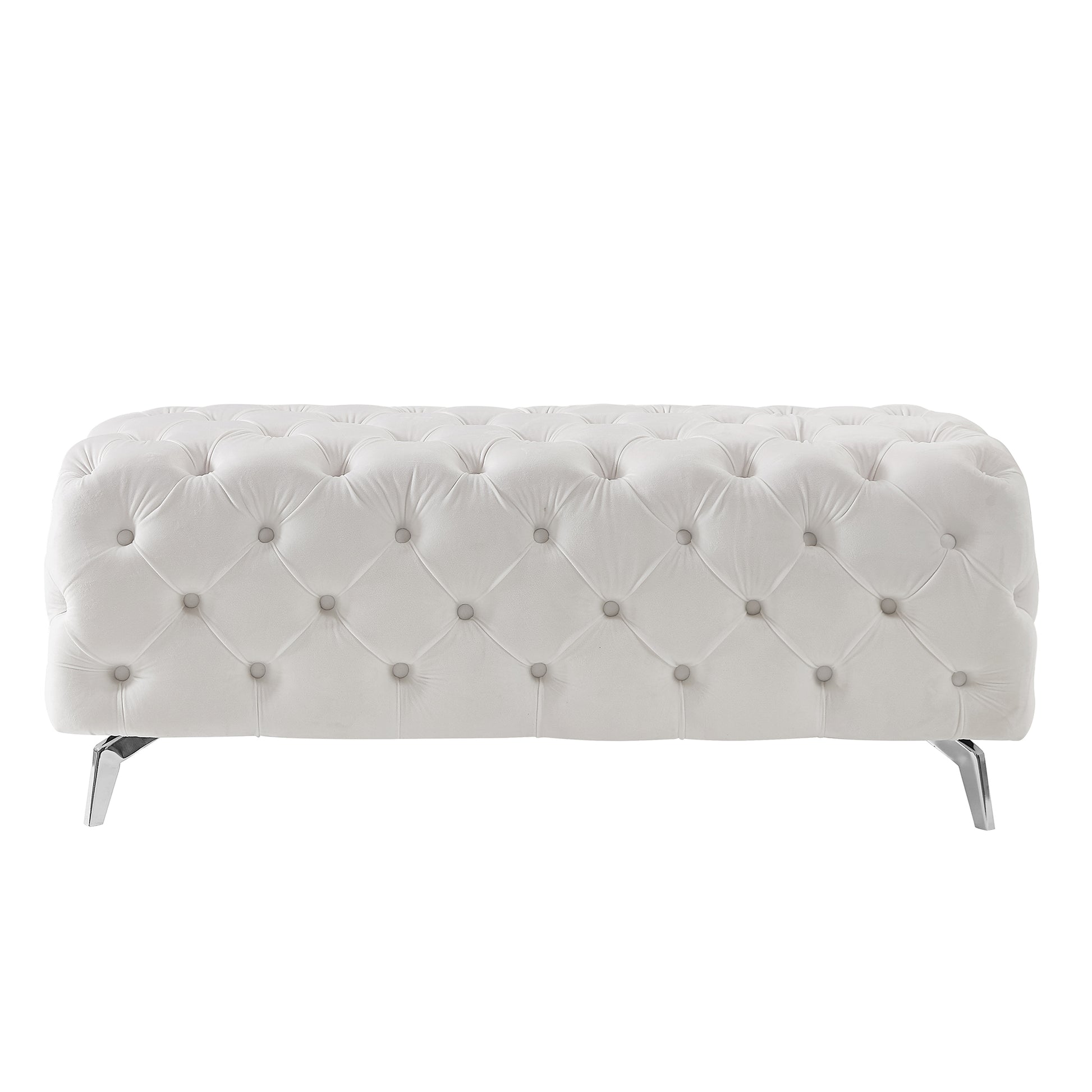 Button Tufted Ottoman Bench, Upholstered Velvet Footrest Stool Accent Bench For Entryway Living Room Bedroom. White Wood Foam Velvet