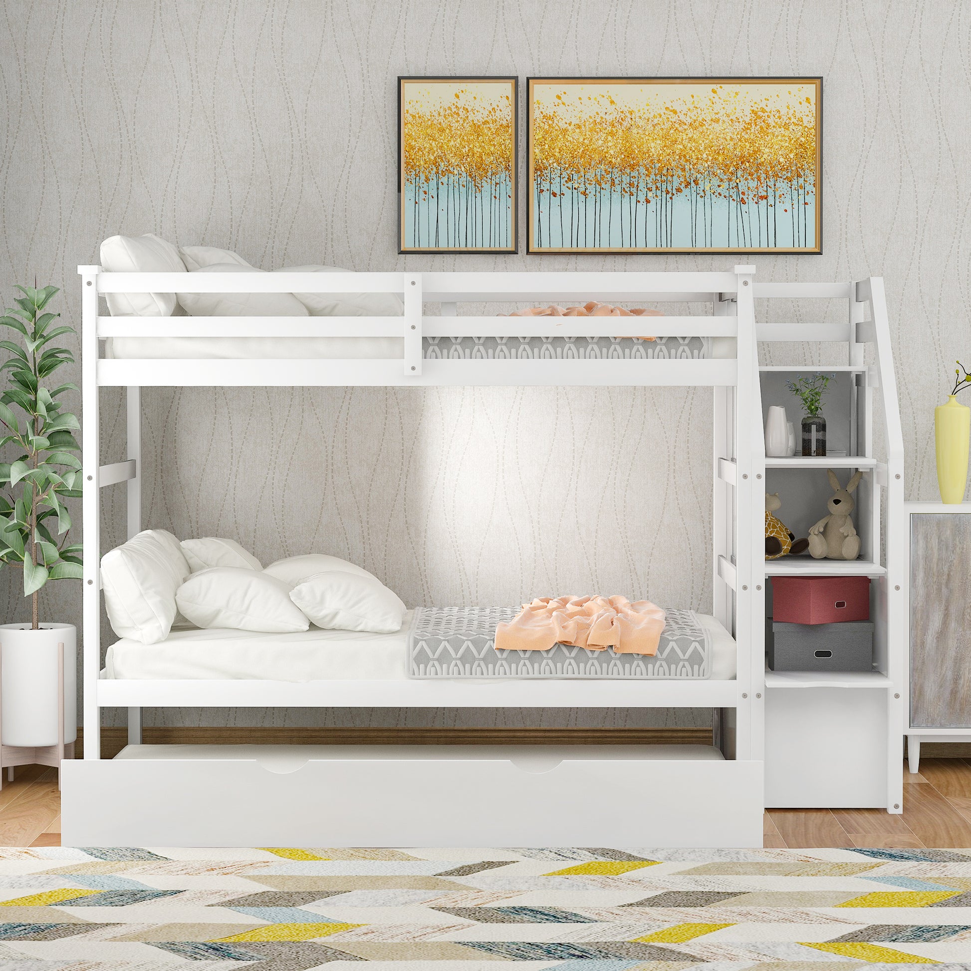 Twin Over Twin Bunk Bed With Twin Size Trundle And 3 Storage Stairs,White Old Sku :Lp000064Aak White Solid Wood