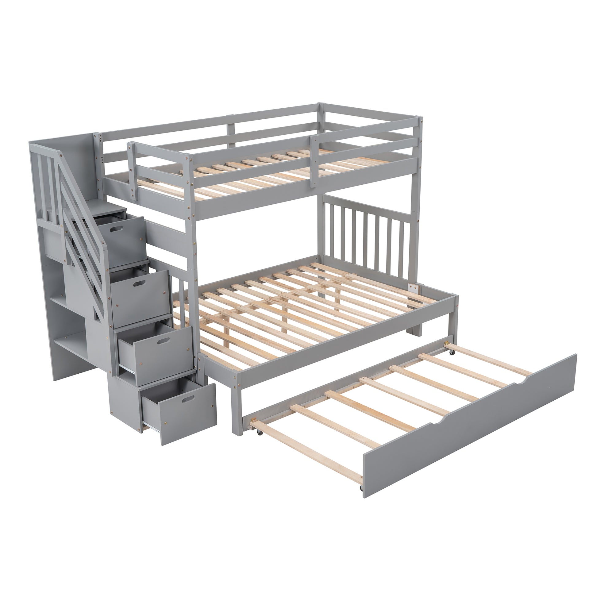 Twin Over Twin Full Bunk Bed With Twin Size Trundle Gray Old Sku :Lp000025Aae Gray Solid Wood