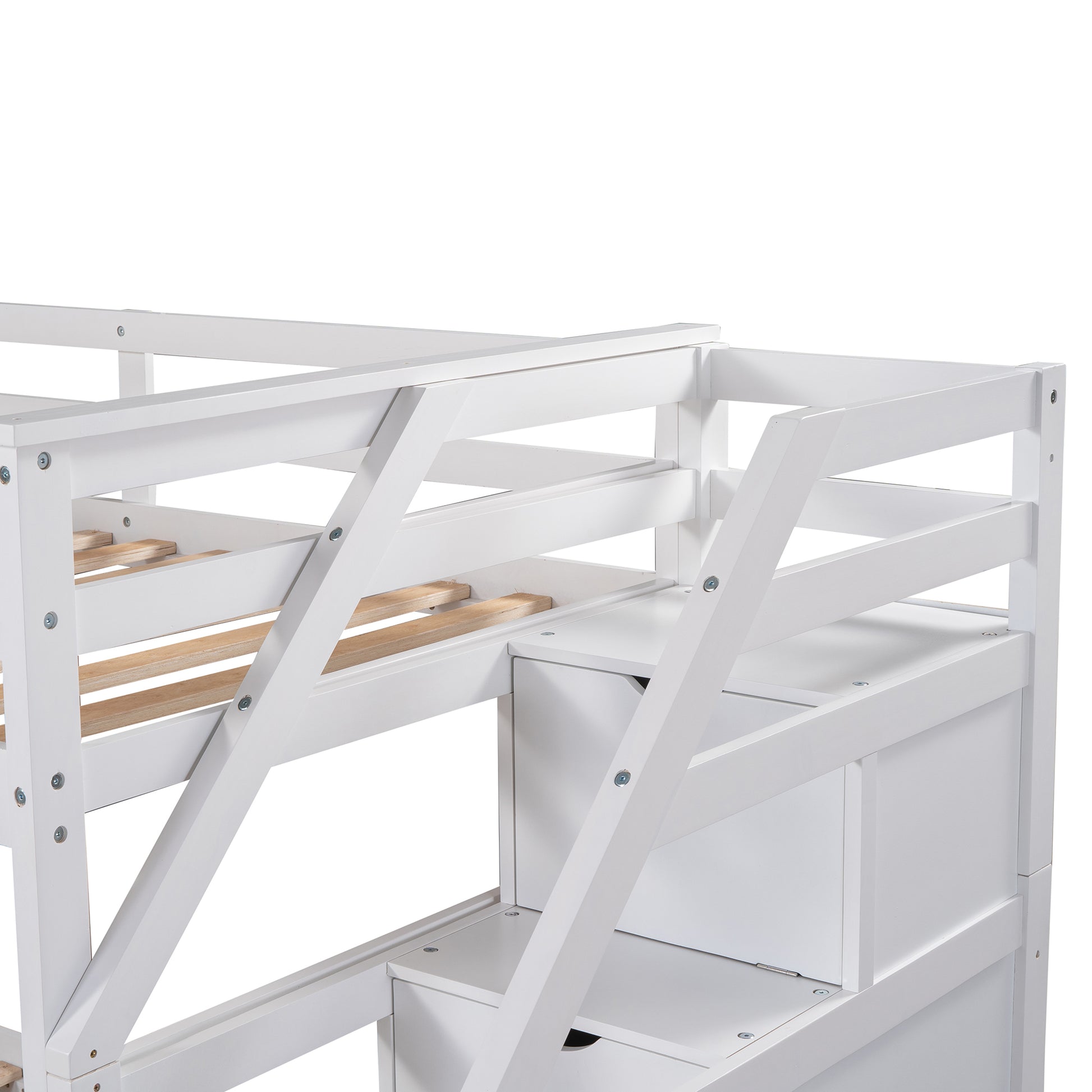 Twin Over Twin Bunk Bed With Twin Size Trundle And 3 Storage Stairs,White Old Sku :Lp000064Aak White Solid Wood