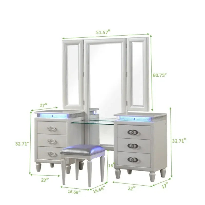 Passion Queen 4 Pc Vanity Led Bedroom Set Made With Wood In Milky White White Bedroom Modern Wood