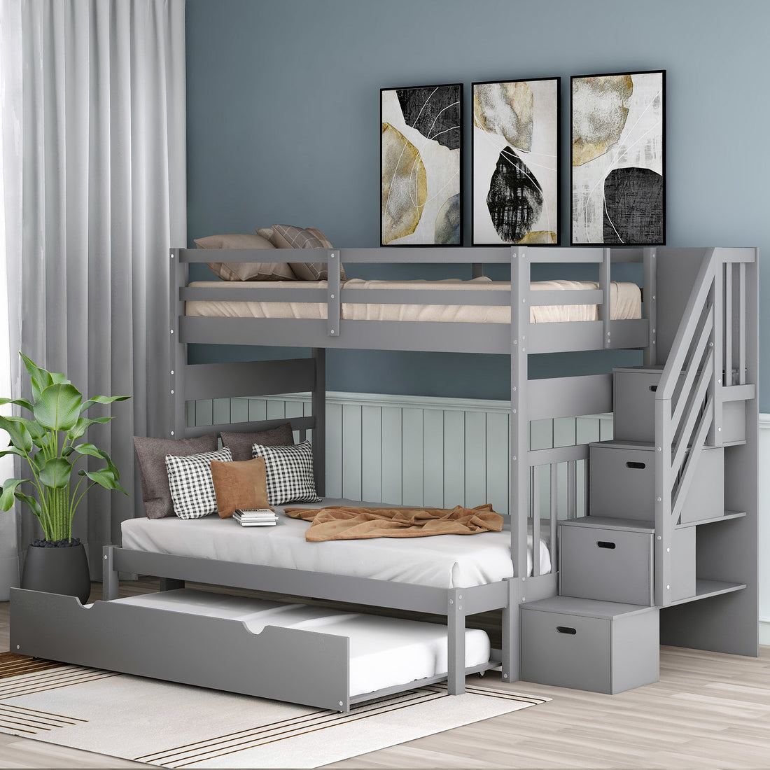 Twin Over Twin Full Bunk Bed With Twin Size Trundle Gray Old Sku :Lp000025Aae Gray Solid Wood