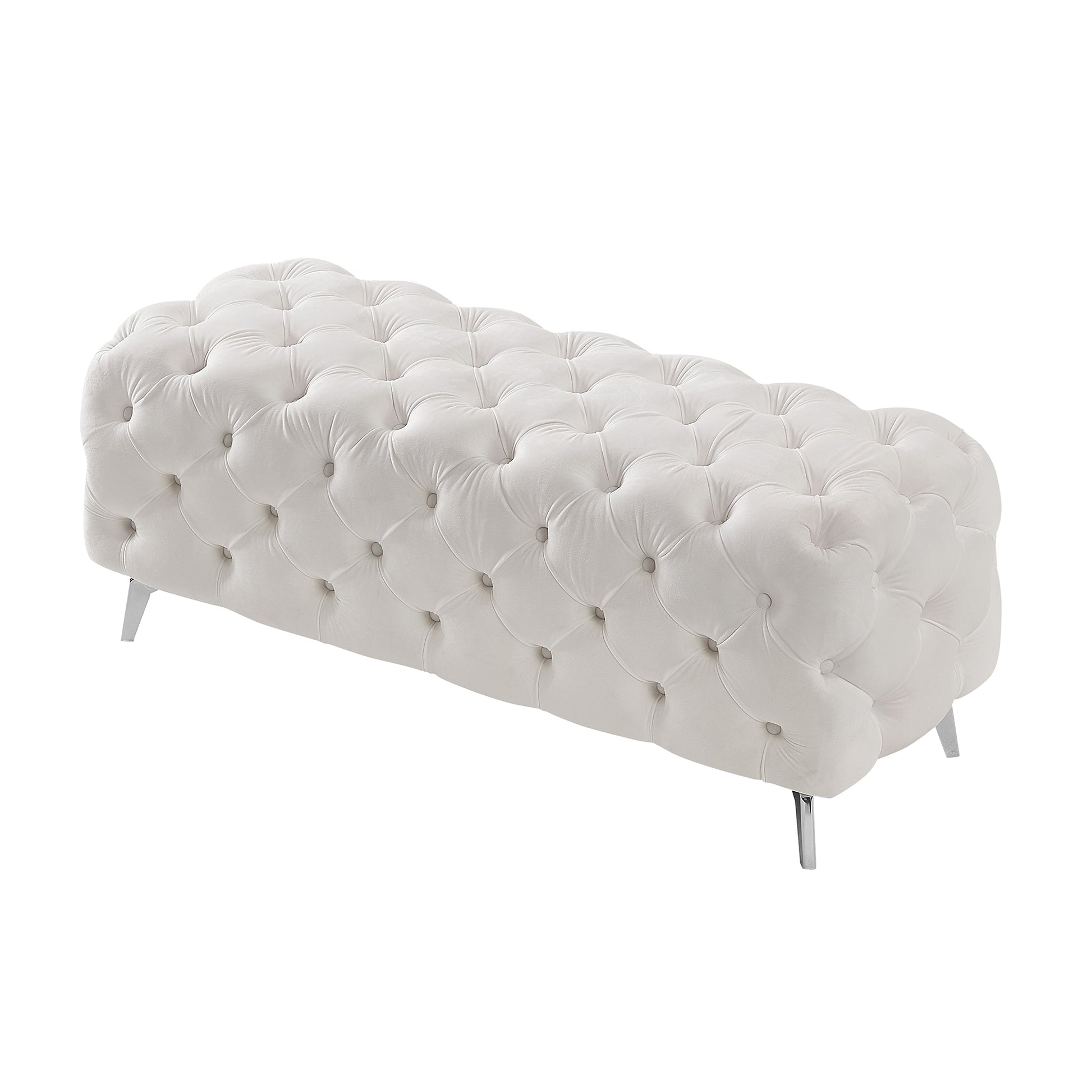 Button Tufted Ottoman Bench, Upholstered Velvet Footrest Stool Accent Bench For Entryway Living Room Bedroom. White Wood Foam Velvet