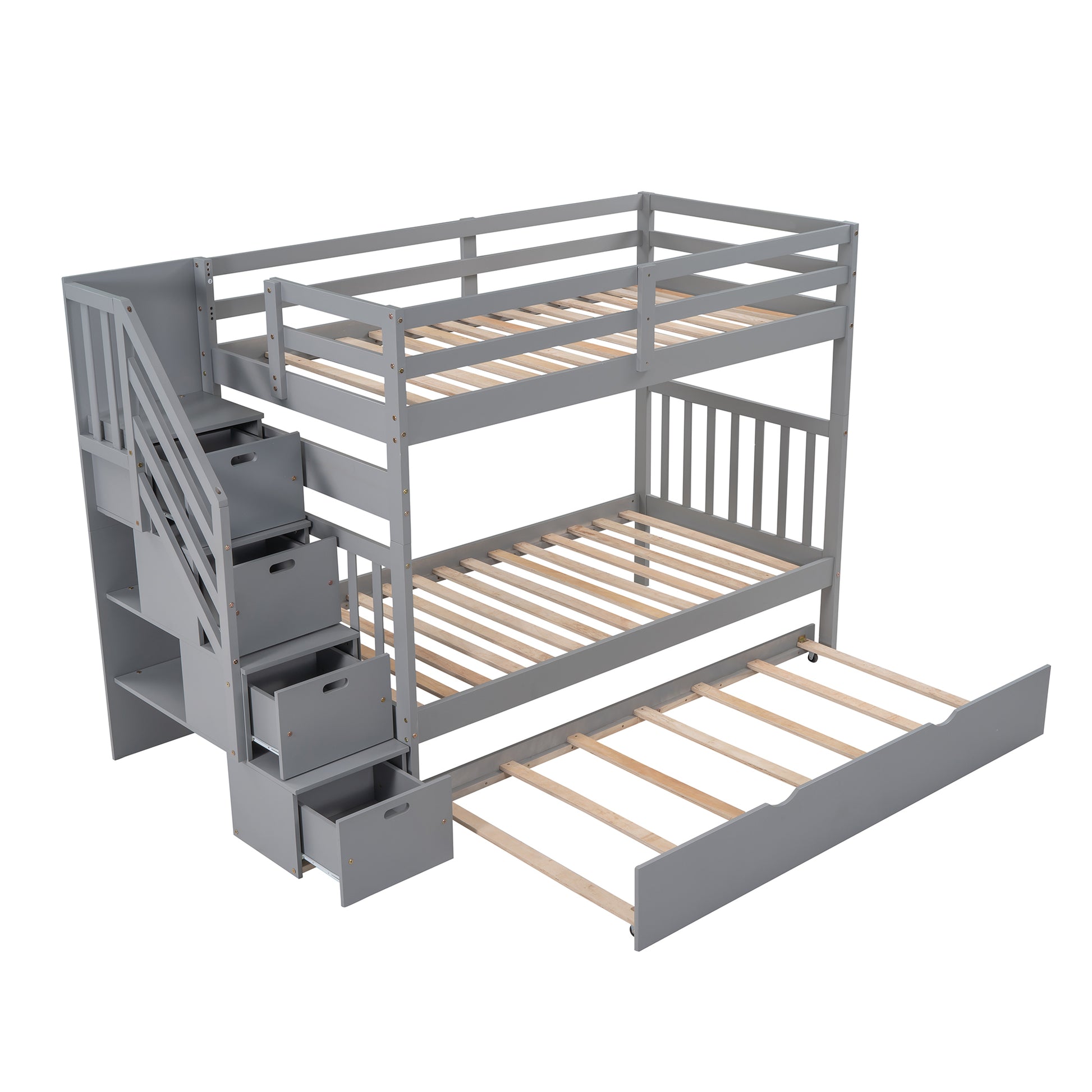 Twin Over Twin Full Bunk Bed With Twin Size Trundle Gray Old Sku :Lp000025Aae Gray Solid Wood