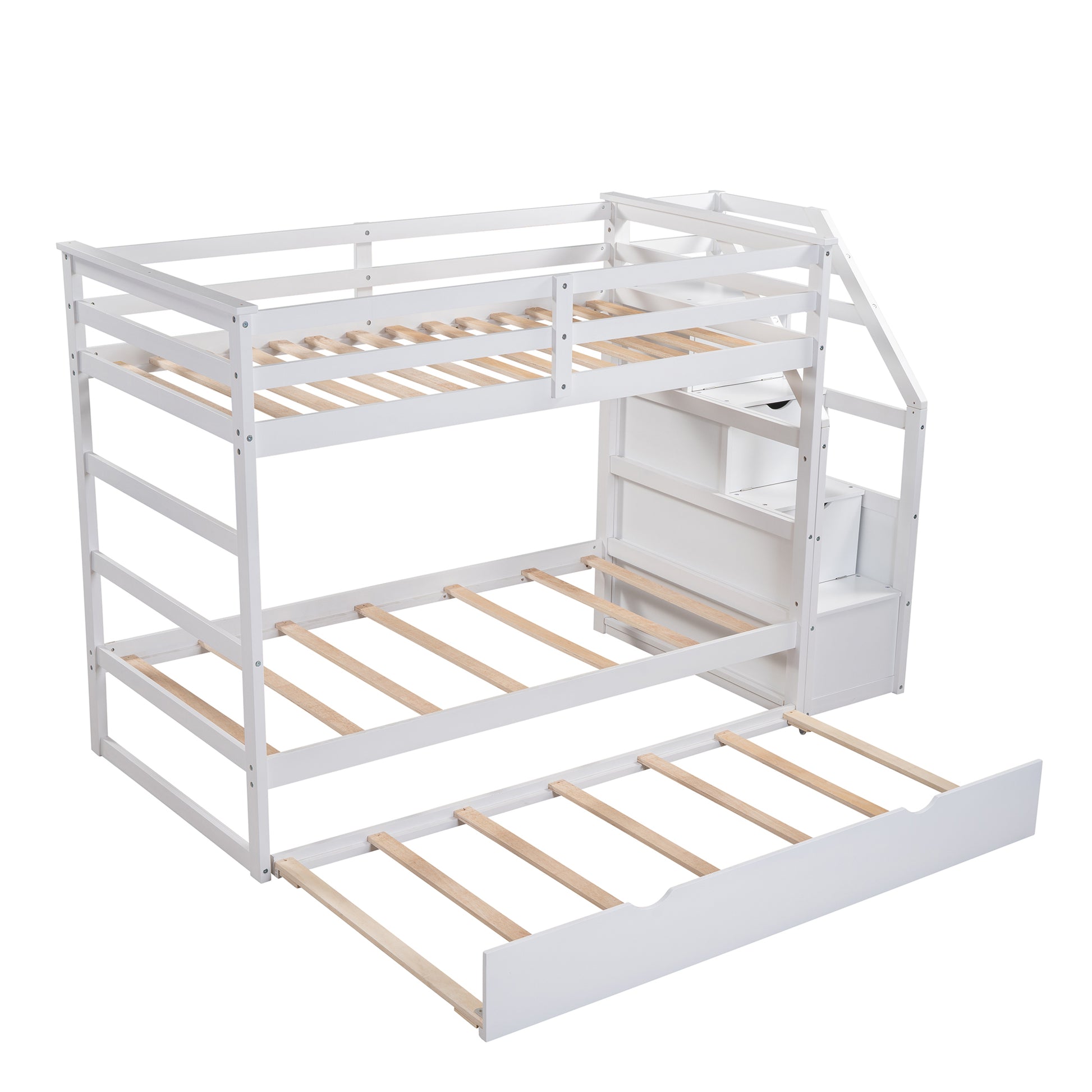 Twin Over Twin Bunk Bed With Twin Size Trundle And 3 Storage Stairs,White Old Sku :Lp000064Aak White Solid Wood