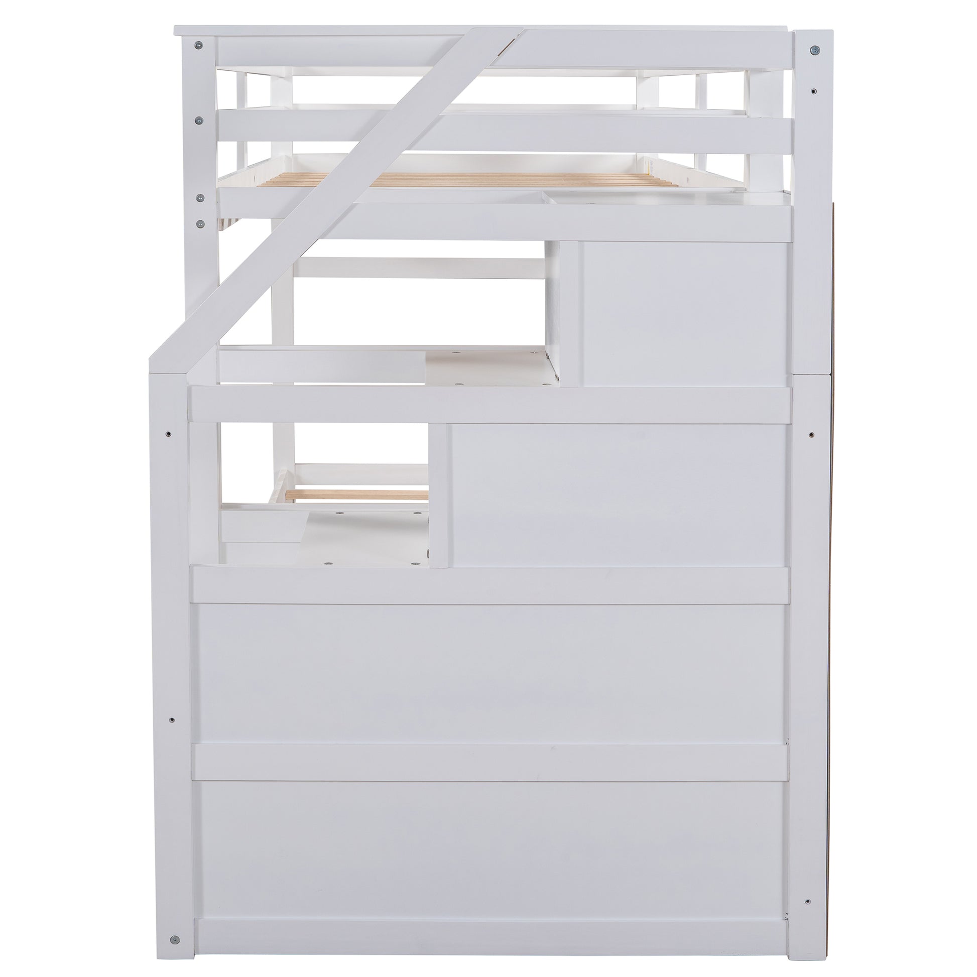 Twin Over Twin Bunk Bed With Twin Size Trundle And 3 Storage Stairs,White Old Sku :Lp000064Aak White Solid Wood