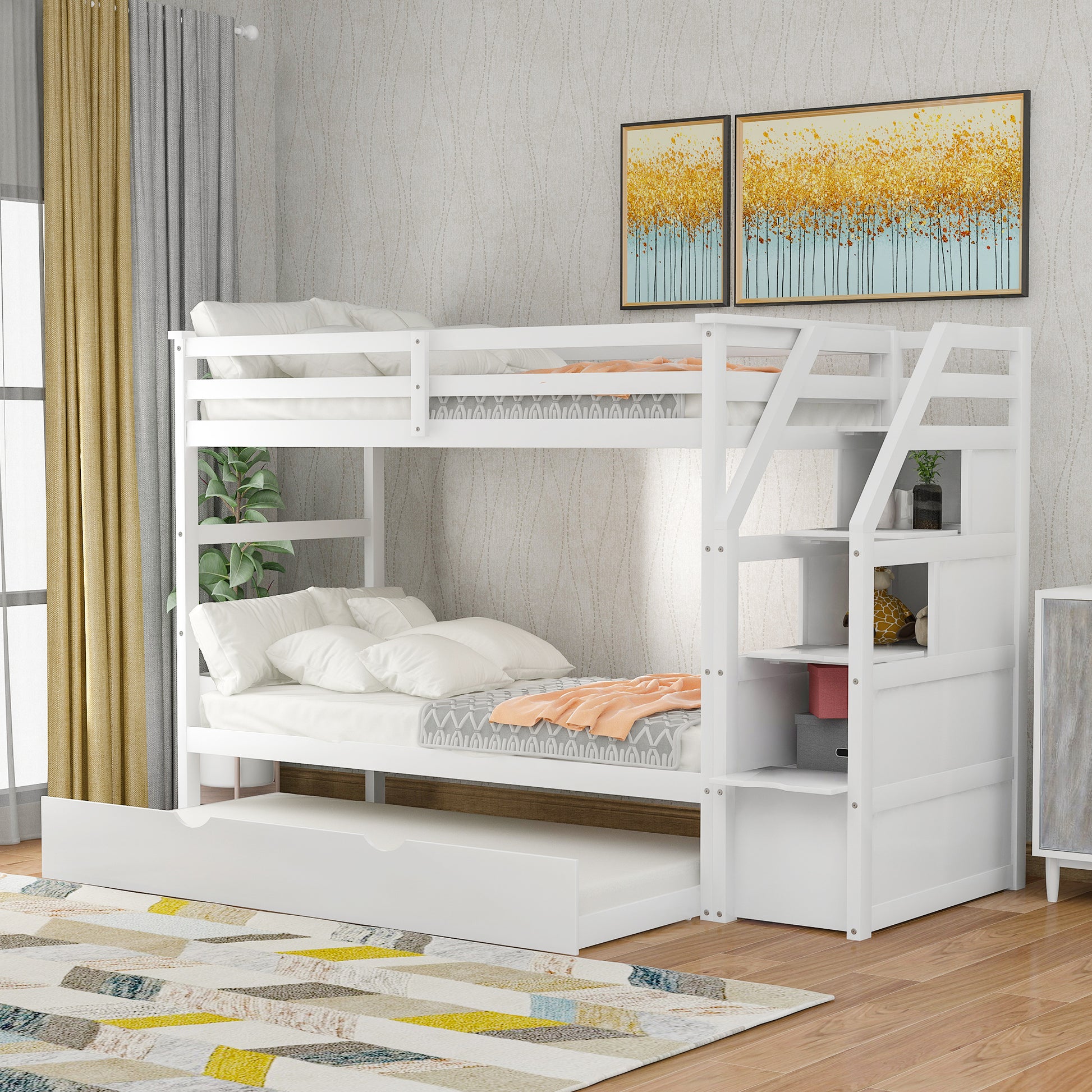 Twin Over Twin Bunk Bed With Twin Size Trundle And 3 Storage Stairs,White Old Sku :Lp000064Aak White Solid Wood