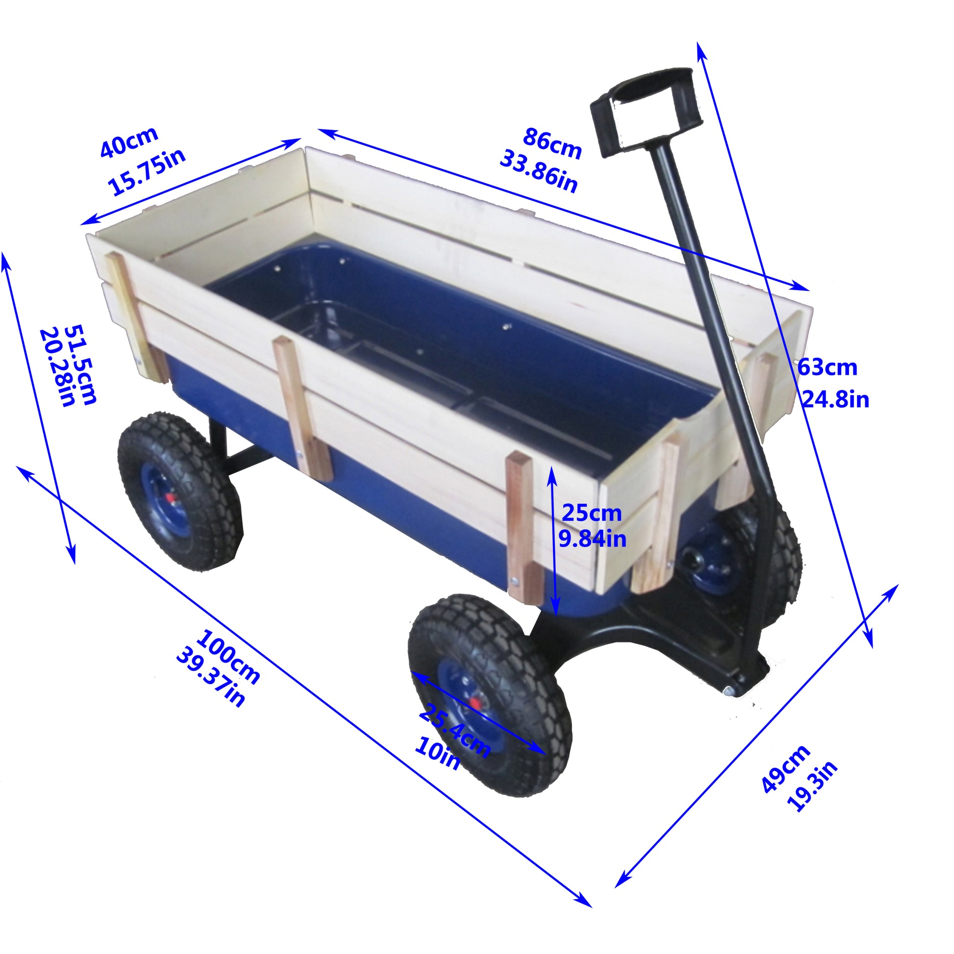 Outdoor Wagon All Terrain Pulling Wood Railing Air Tires Garden Cart Blue Steel