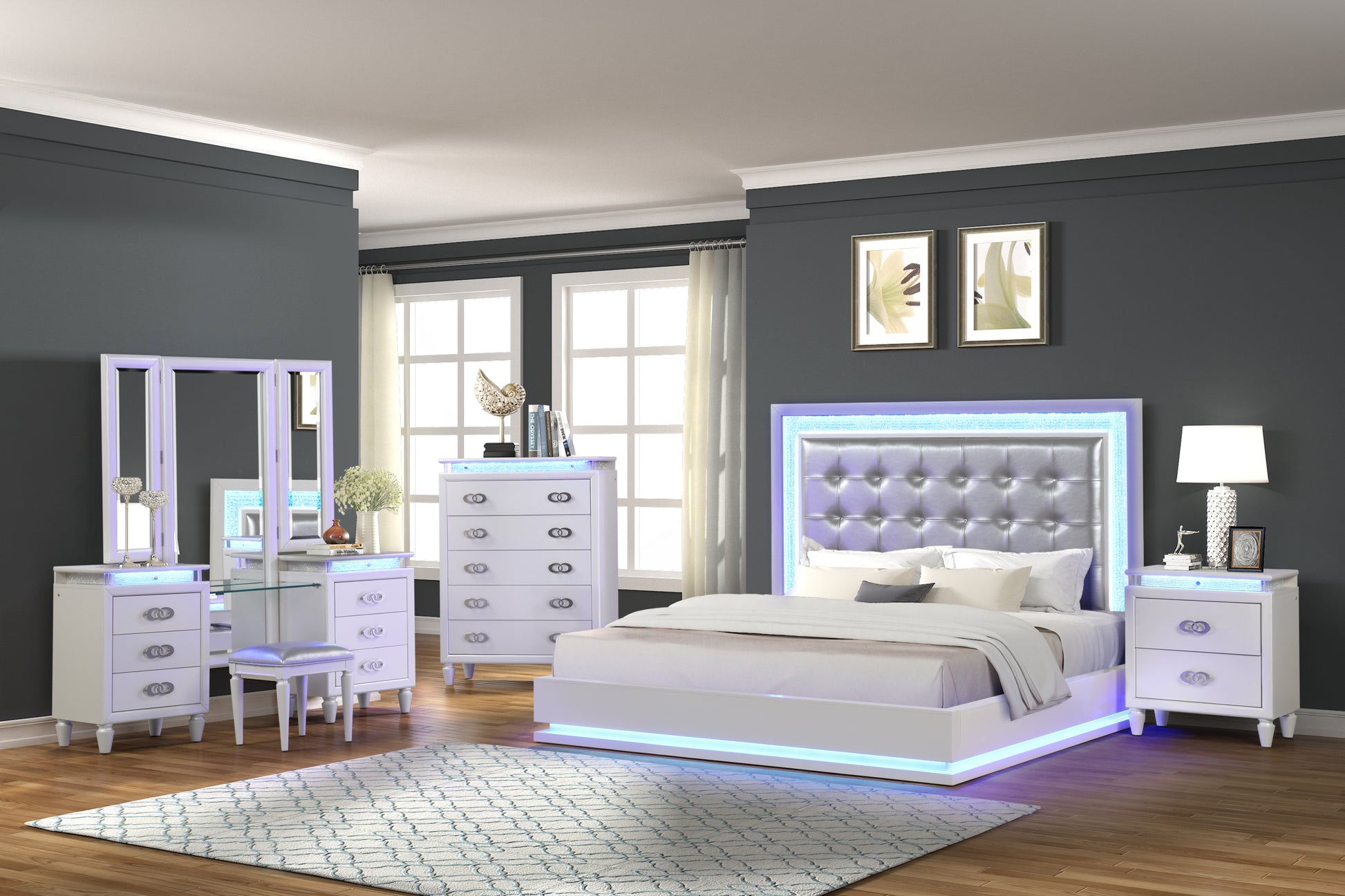 Passion Queen 5 Pc Vanity Led Bedroom Set Made With Wood In Milky White White Bedroom Modern Wood