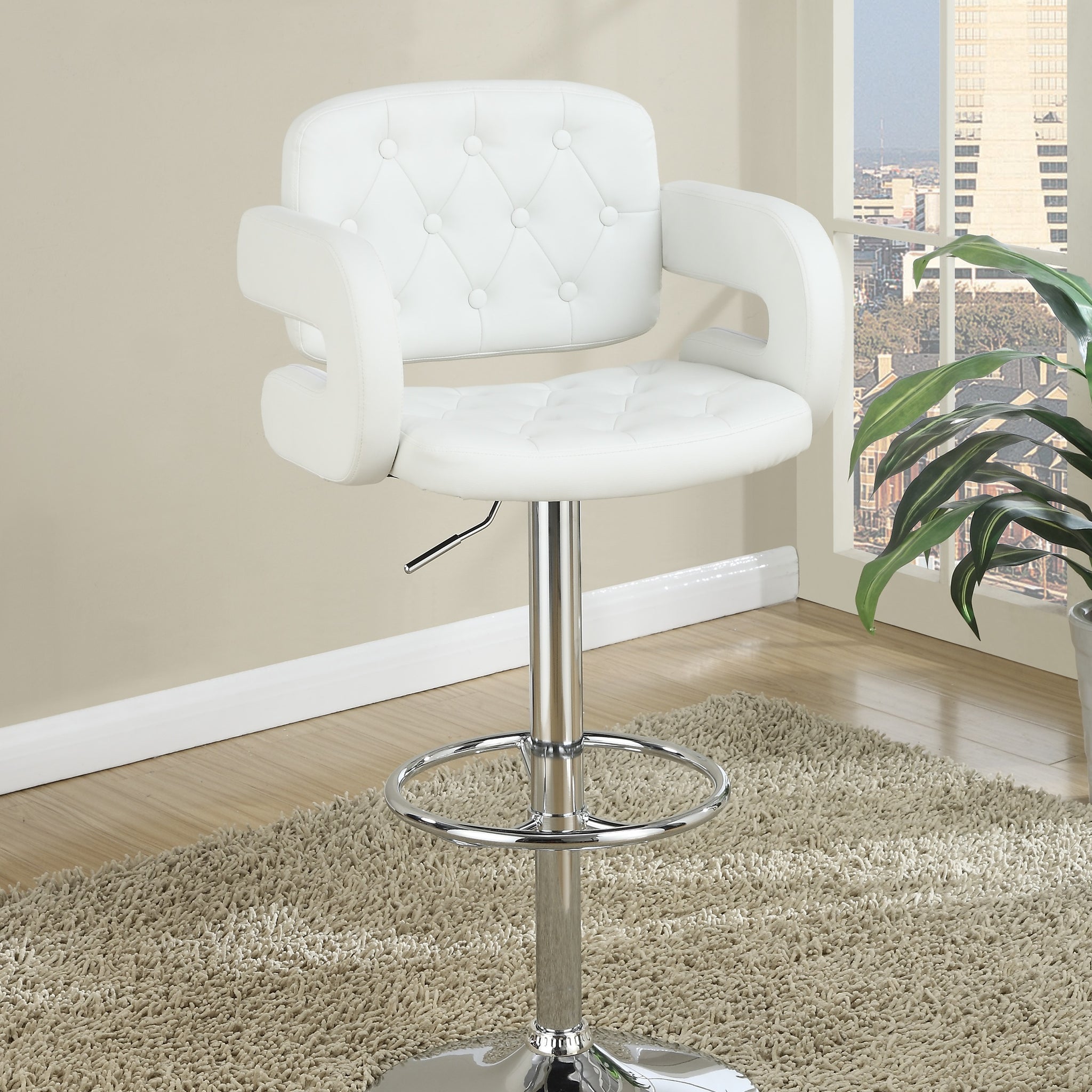 Classic Armrest Tufted White Faux Leather Upholstered Faux Leather Barstool Chair Adjustable Height Swivel Kitchen Stools 1Pc Chair White Dining Room Classic,Contemporary,Modern Fabric