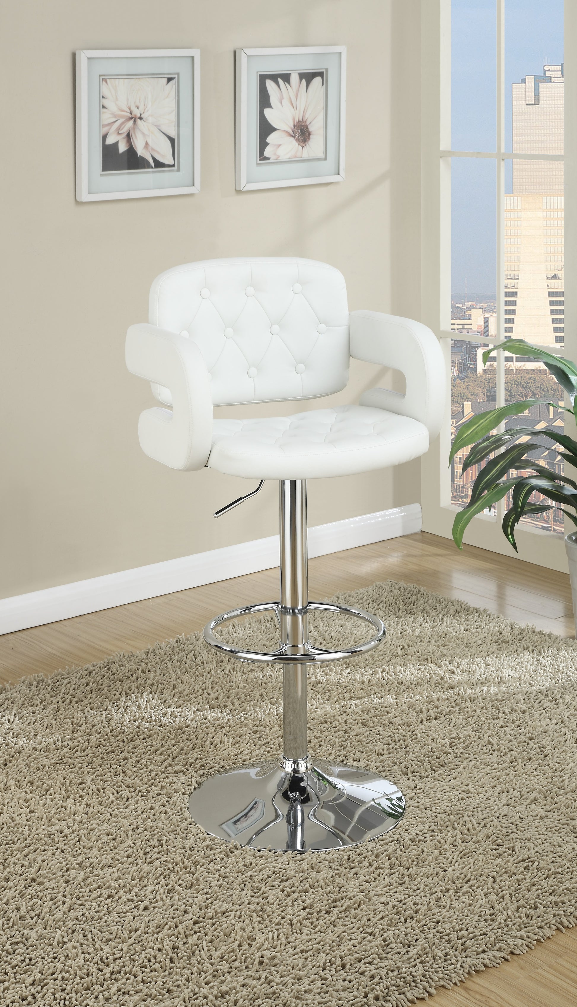 Classic Armrest Tufted White Faux Leather Upholstered Faux Leather Barstool Chair Adjustable Height Swivel Kitchen Stools 1Pc Chair White Dining Room Classic,Contemporary,Modern Fabric