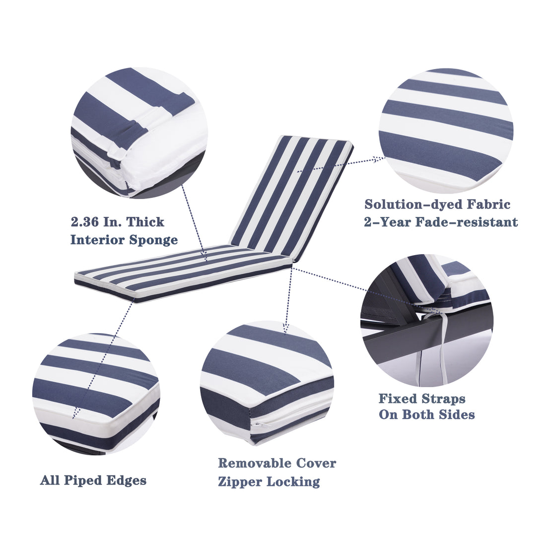 1Pcs Outdoor Lounge Chair Cushion Replacement Patio Funiture Seat Cushion Chaise Lounge Cushion Blue Striped Polyester