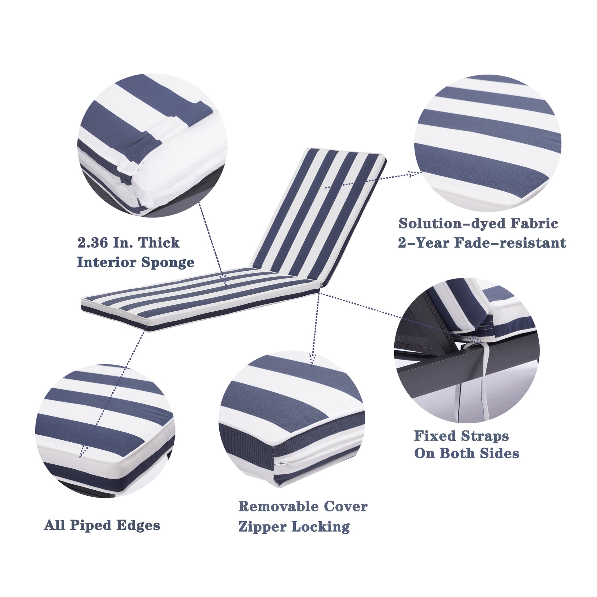 1Pcs Outdoor Lounge Chair Cushion Replacement Patio Funiture Seat Cushion Chaise Lounge Cushion Blue Striped Polyester