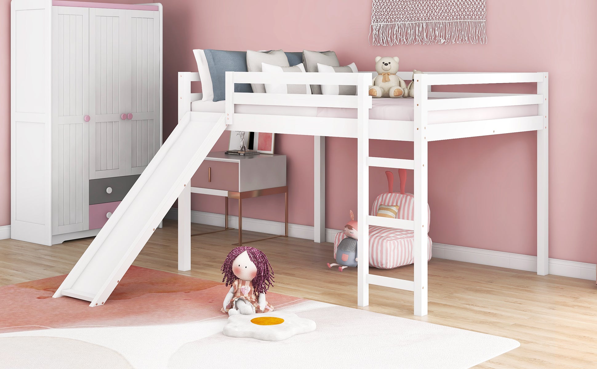 Loft Bed With Slide, Multifunctional Design, Full White Old Sku :Wf281157Aak White Solid Wood