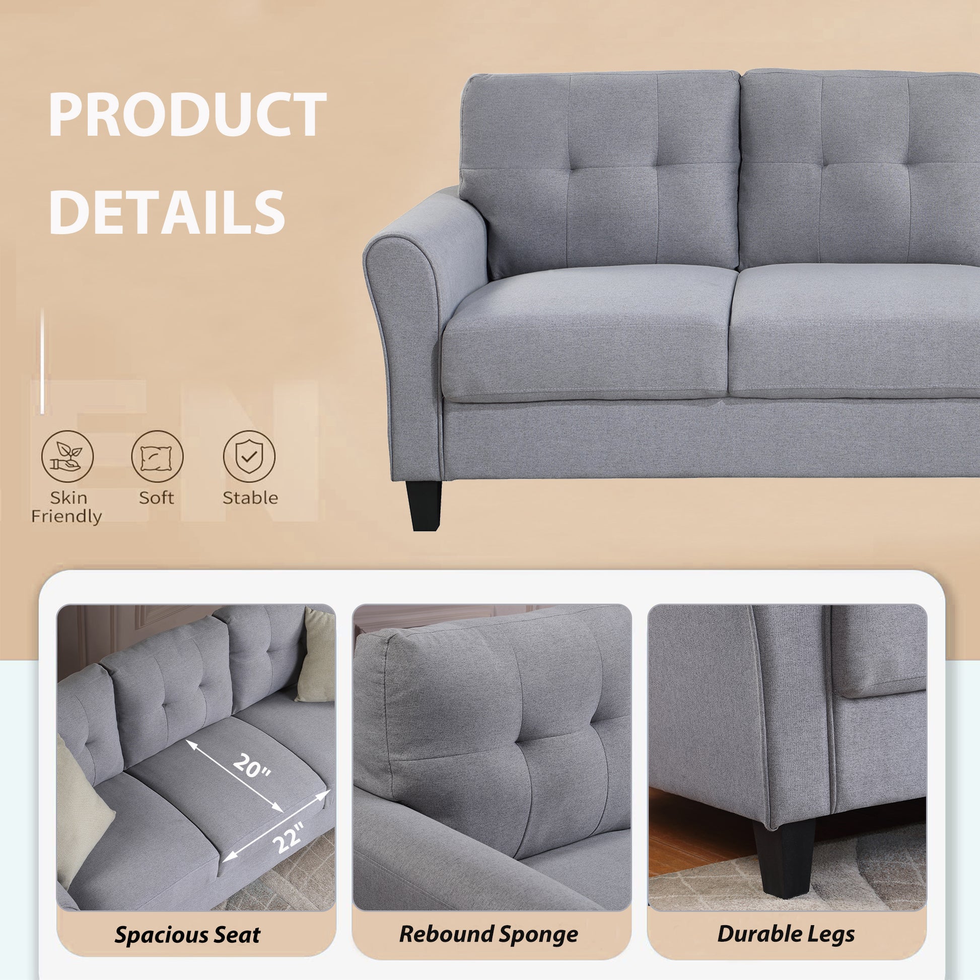 79.9" Modern Living Room Sofa Linen Upholstered Couch Furniture For Home Or Office ,Light Grey*Blue, 3 Seat,Old Sku:Wf288519Aac Light Grey Blue Foam Linen 3 Seat