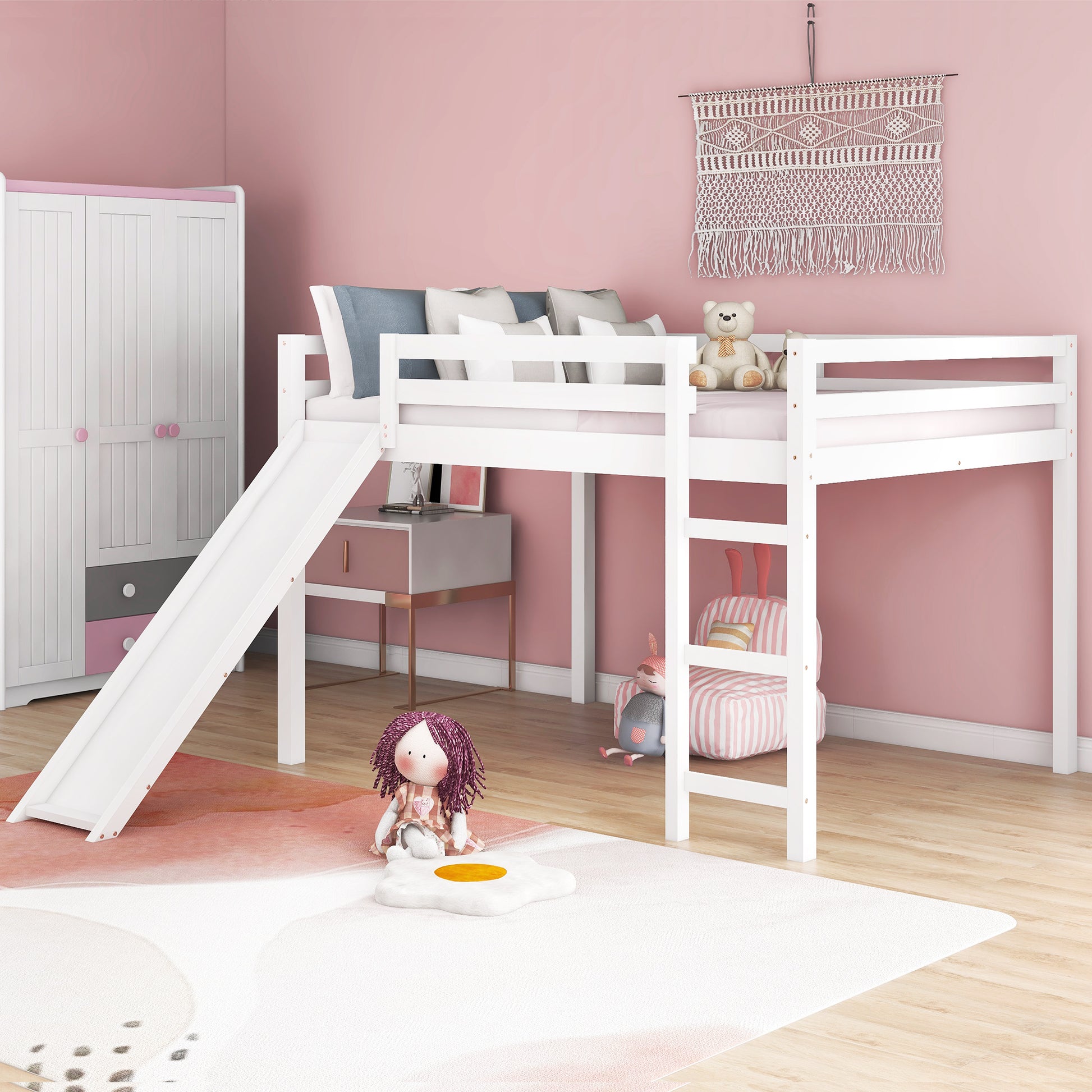 Loft Bed With Slide, Multifunctional Design, Full White Old Sku :Wf281157Aak White Solid Wood