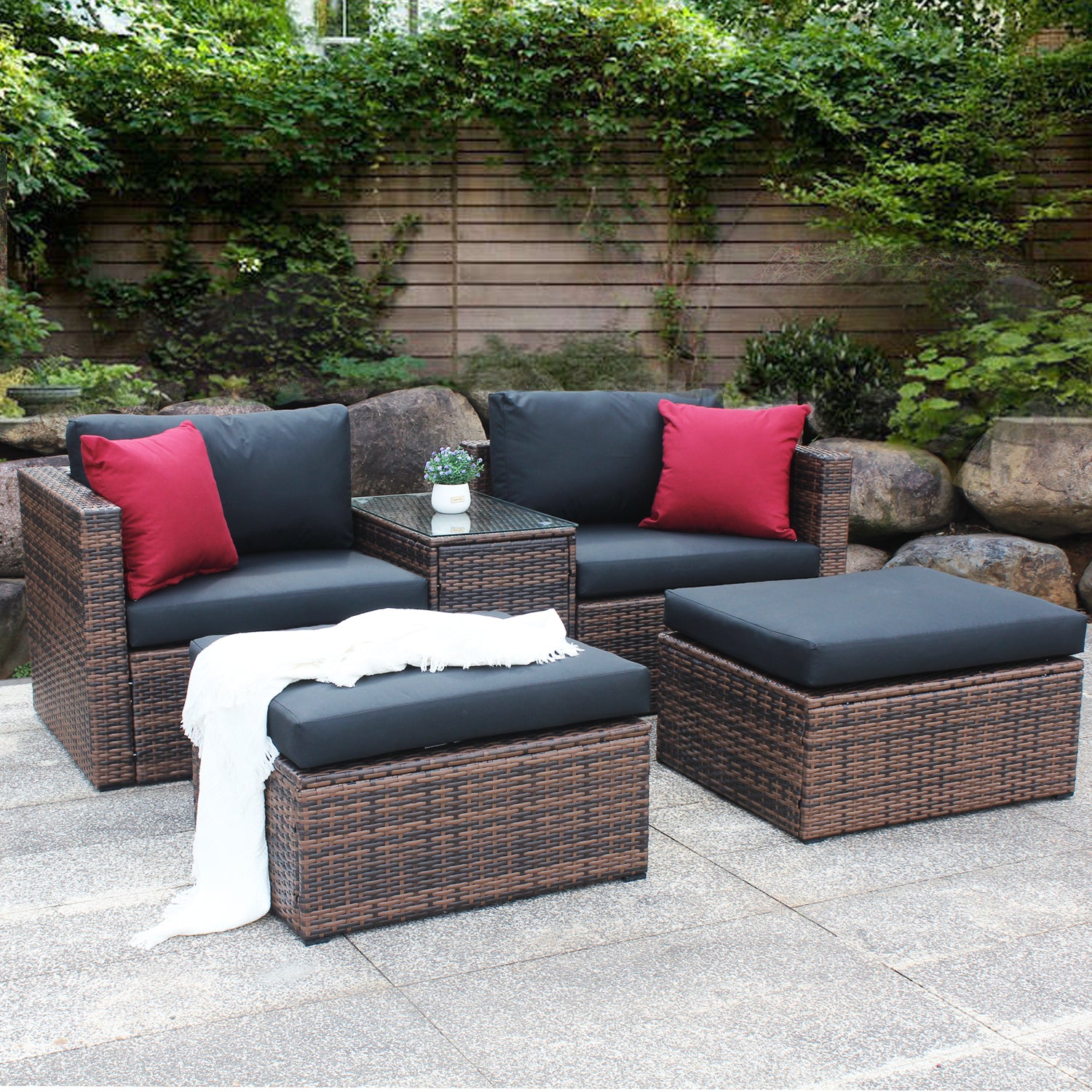 Updated 5 Pieces Outdoor Patio Garden Brown Wicker Sectional Conversation Sofa Set With Black Cushions And Red Pillows,W Furniture Protection Cover Yes Sectional Brown Seats 4 Mildew Resistant Frame Garden & Outdoor American Design Sectional Seating