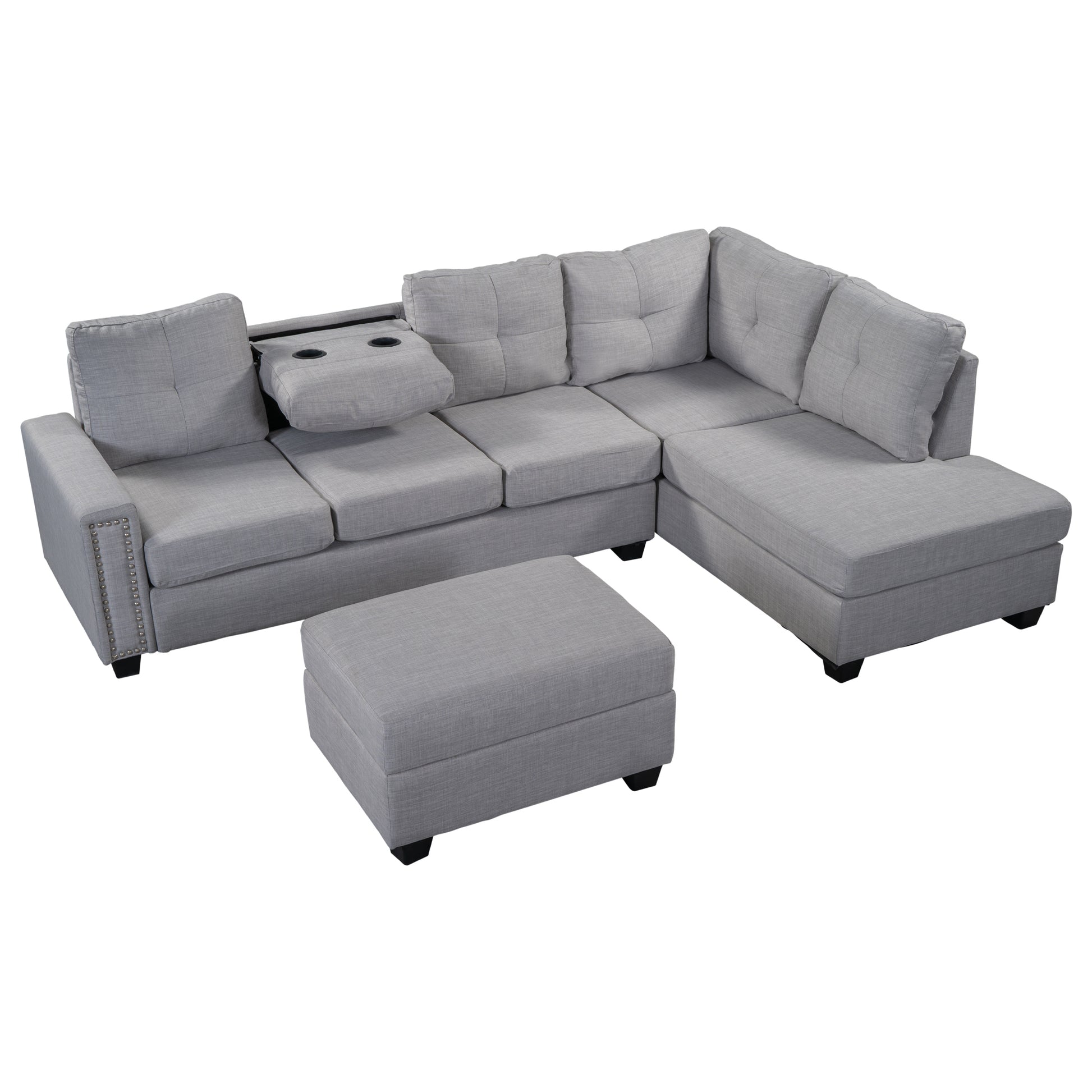 Orisfur. Reversible Sectional Sofa Space Saving With Storage Ottoman Rivet Ornament L Shape Couch For Large Space Dorm Apartment Light Grey Foam Linen 5 Seat