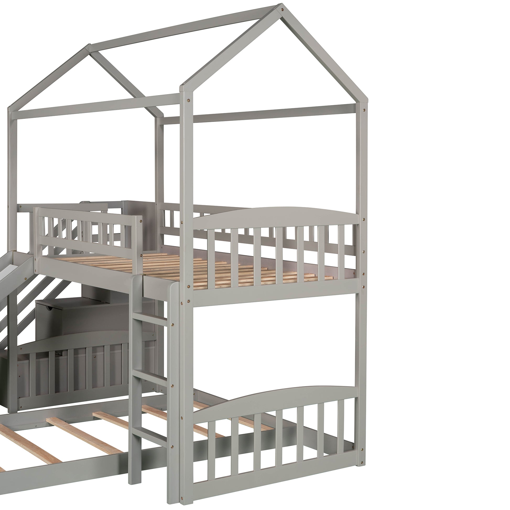 Twin Over Twin Bunk Bed With Two Drawers And Slide, House Bed With Slide, White Old Sku :Lp000129Aae Gray Pine