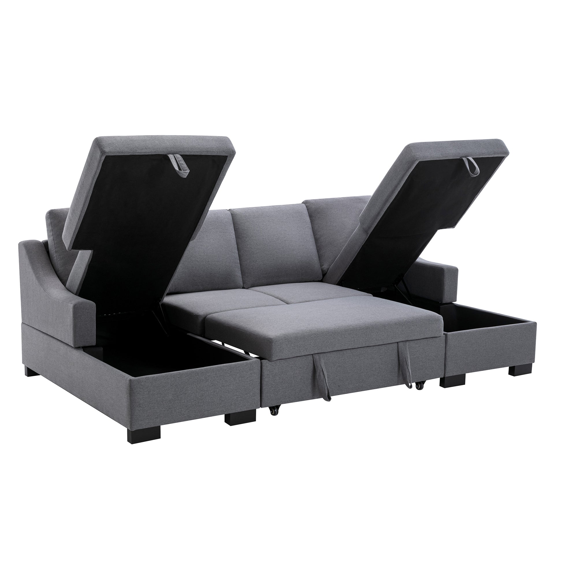 Upholstery Sleeper Sectional Sofa With Double Storage Spaces, 2 Tossing Cushions, Grey Grey Linen
