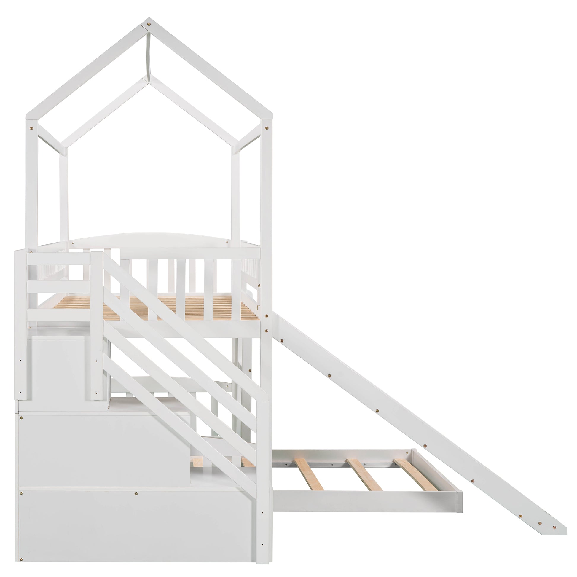 Twin Over Twin Bunk Bed With Two Drawers And Slide, House Bed With Slide, White Old Sku :Lp000129Aak White Pine