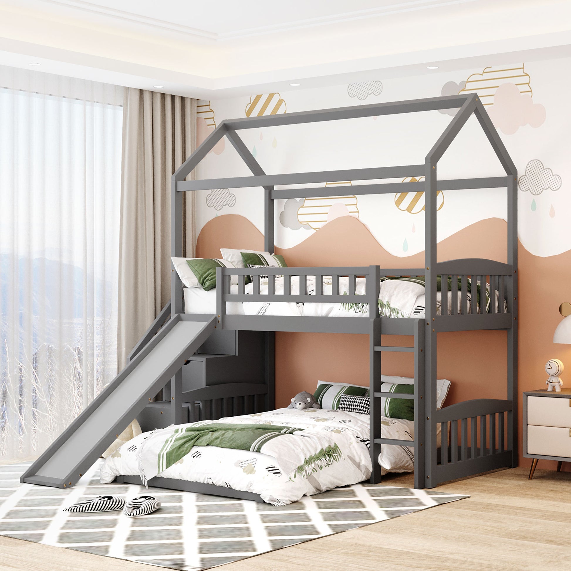 Twin Over Twin Bunk Bed With Two Drawers And Slide, House Bed With Slide, White Old Sku :Lp000129Aae Gray Pine