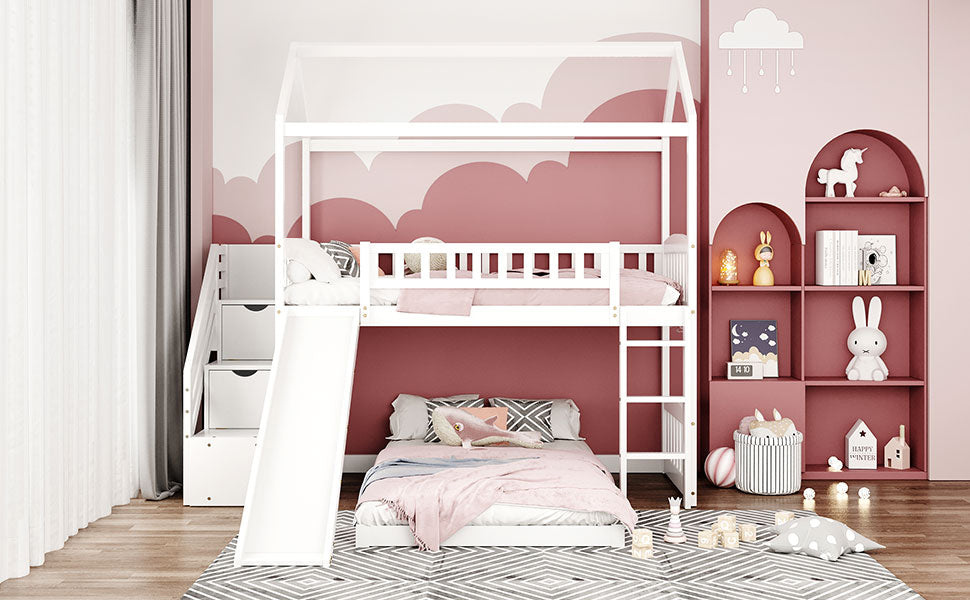 Twin Over Twin Bunk Bed With Two Drawers And Slide, House Bed With Slide, White Old Sku :Lp000129Aak White Pine