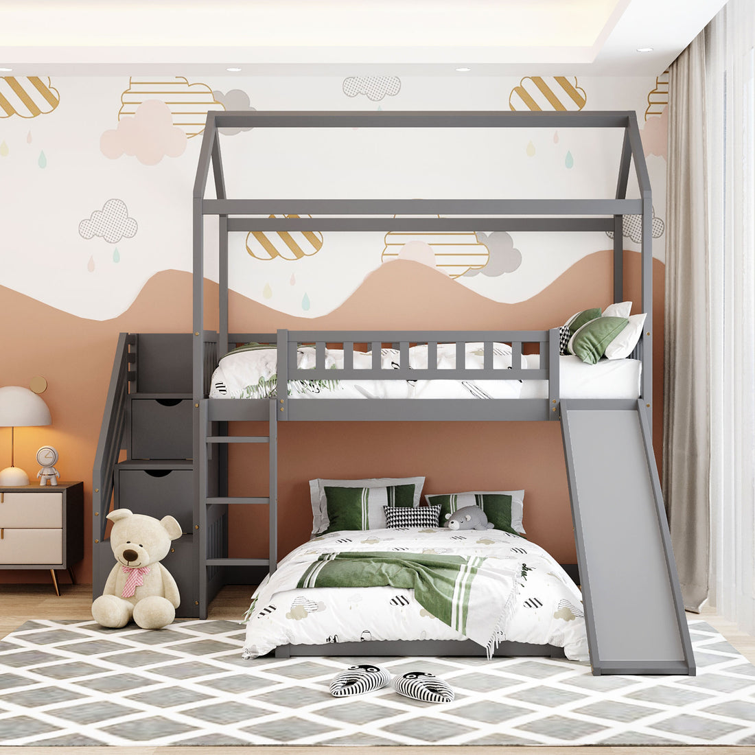 Twin Over Twin Bunk Bed With Two Drawers And Slide, House Bed With Slide, White Old Sku :Lp000129Aae Gray Pine