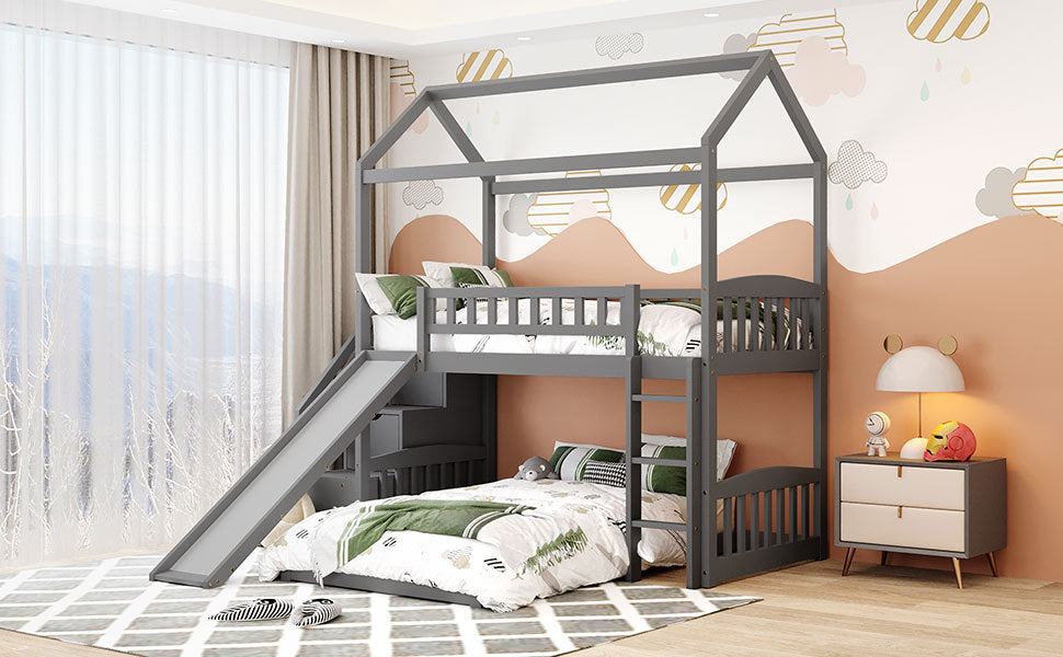 Twin Over Twin Bunk Bed With Two Drawers And Slide, House Bed With Slide, White Old Sku :Lp000129Aae Gray Pine