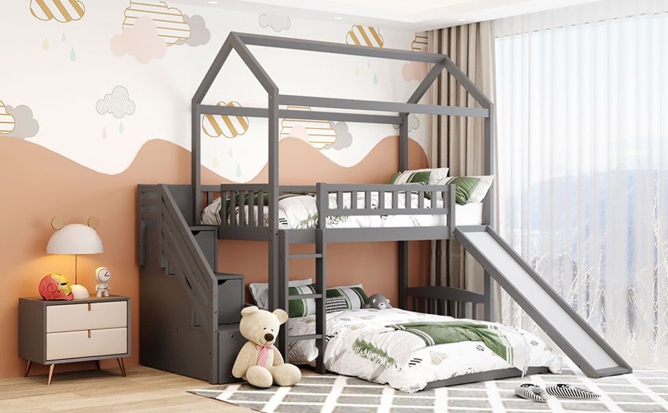 Twin Over Twin Bunk Bed With Two Drawers And Slide, House Bed With Slide, White Old Sku :Lp000129Aae Gray Pine