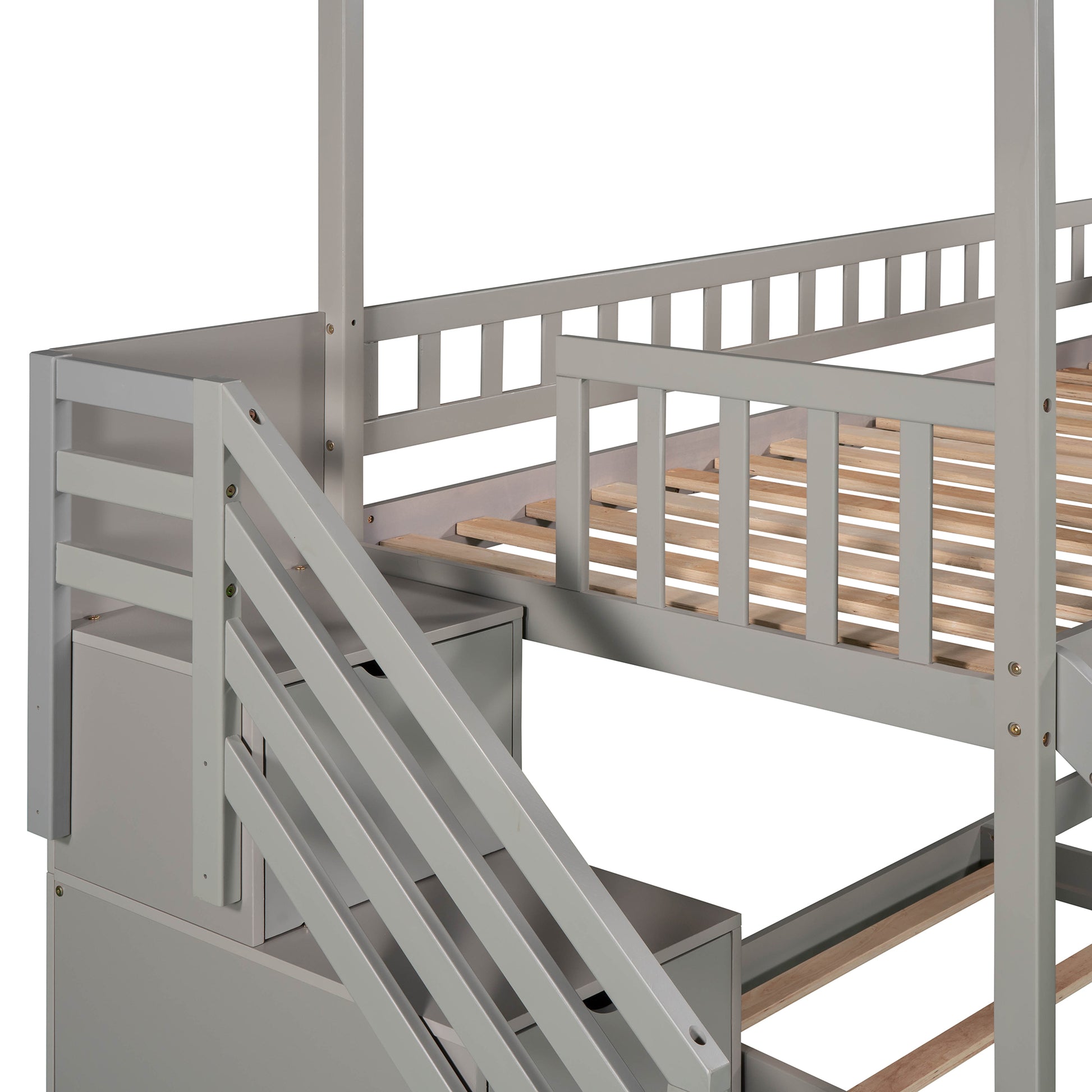 Twin Over Twin Bunk Bed With Two Drawers And Slide, House Bed With Slide, White Old Sku :Lp000129Aae Gray Pine